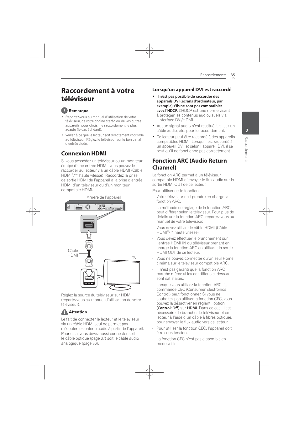Raccordement à votre téléviseur, Connexion, Hdmi | Fonction arc (audio return channel), Connexion hdmi, Lorsqu’un appareil dvi est raccordé | Pioneer MCS-FS131 User Manual | Page 129 / 576