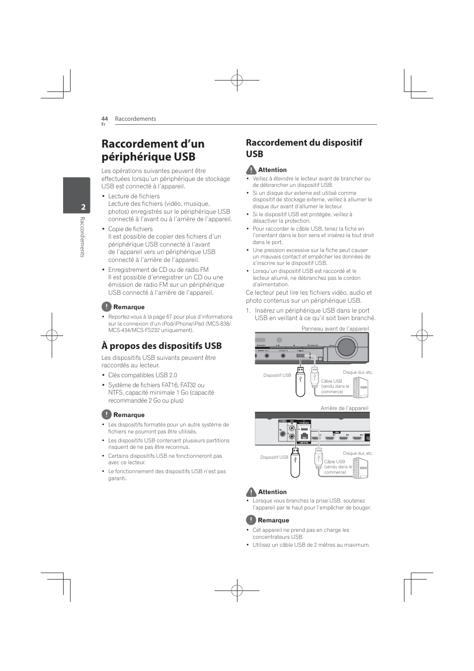 Raccordement d’un périphérique usb, À propos des dispositifs usb, Raccordement du dispositif usb | Pioneer MCS-FS131 User Manual | Page 138 / 576