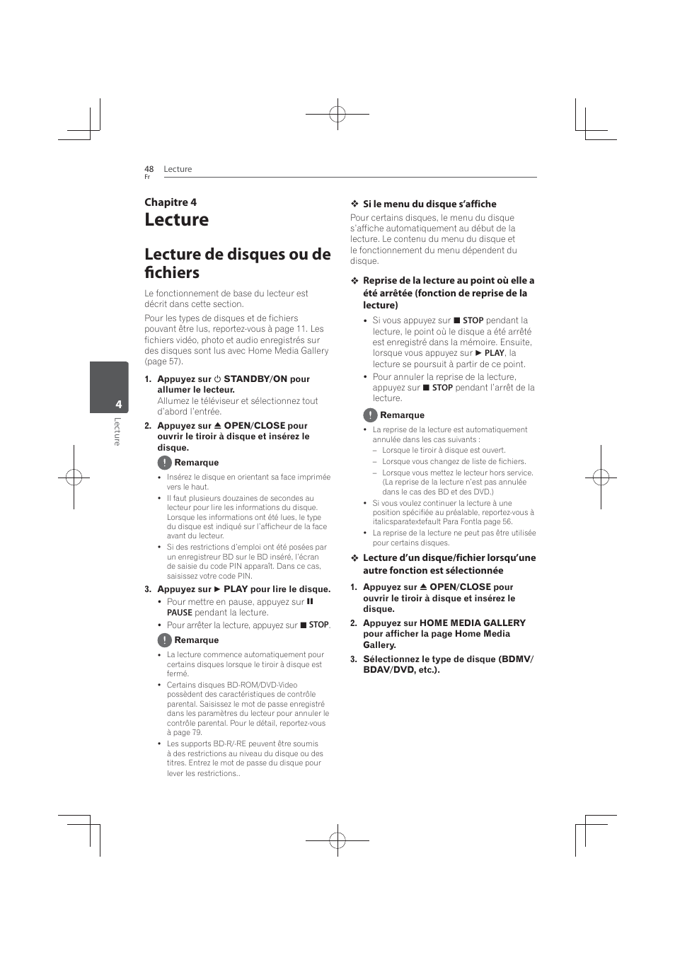 4 lecture, Lecture de disques ou de fichiers, Lecture | 4chapitre 4 | Pioneer MCS-FS131 User Manual | Page 142 / 576