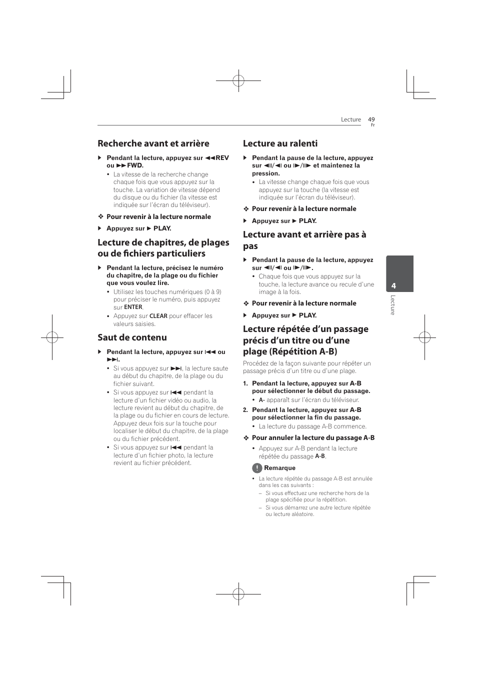 Recherche avant et arrière, Saut de contenu, Lecture au ralenti | Lecture avant et arrière pas à pas, Lecture répétée d’un passage précis d’un titre, Ou d’une plage (répétition a-b) | Pioneer MCS-FS131 User Manual | Page 143 / 576
