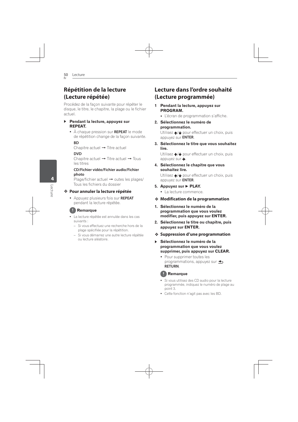 Répétition de la lecture (lecture répétée), Lecture dans l’ordre souhaité (lecture programmée) | Pioneer MCS-FS131 User Manual | Page 144 / 576