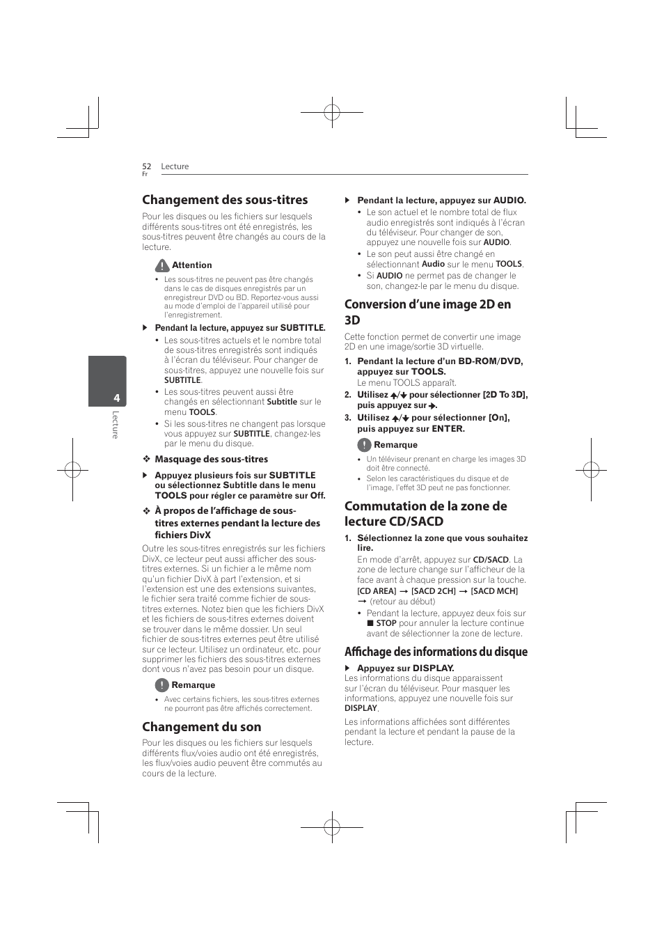 Changement des sous-titres, Changement du son, Conversion d’une image 2d en 3d | Commutation de la zone de lecture cd/sacd, Affichage des informations du disque | Pioneer MCS-FS131 User Manual | Page 146 / 576