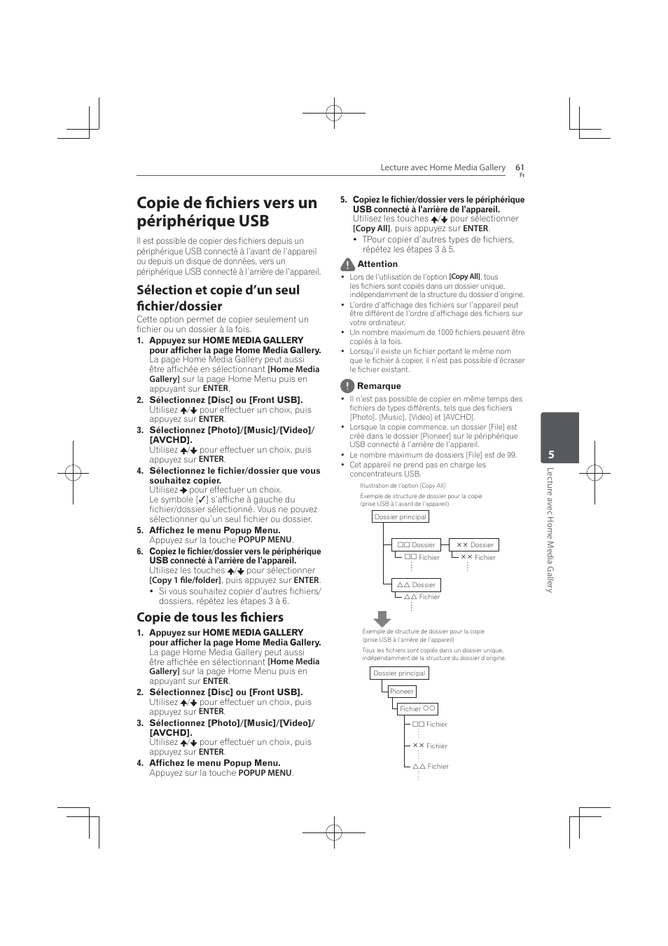 Copie de fichiers vers un périphérique usb, Sélection et copie d’un seul fichier/dossier, Copie de tous les fichiers | Pioneer MCS-FS131 User Manual | Page 155 / 576