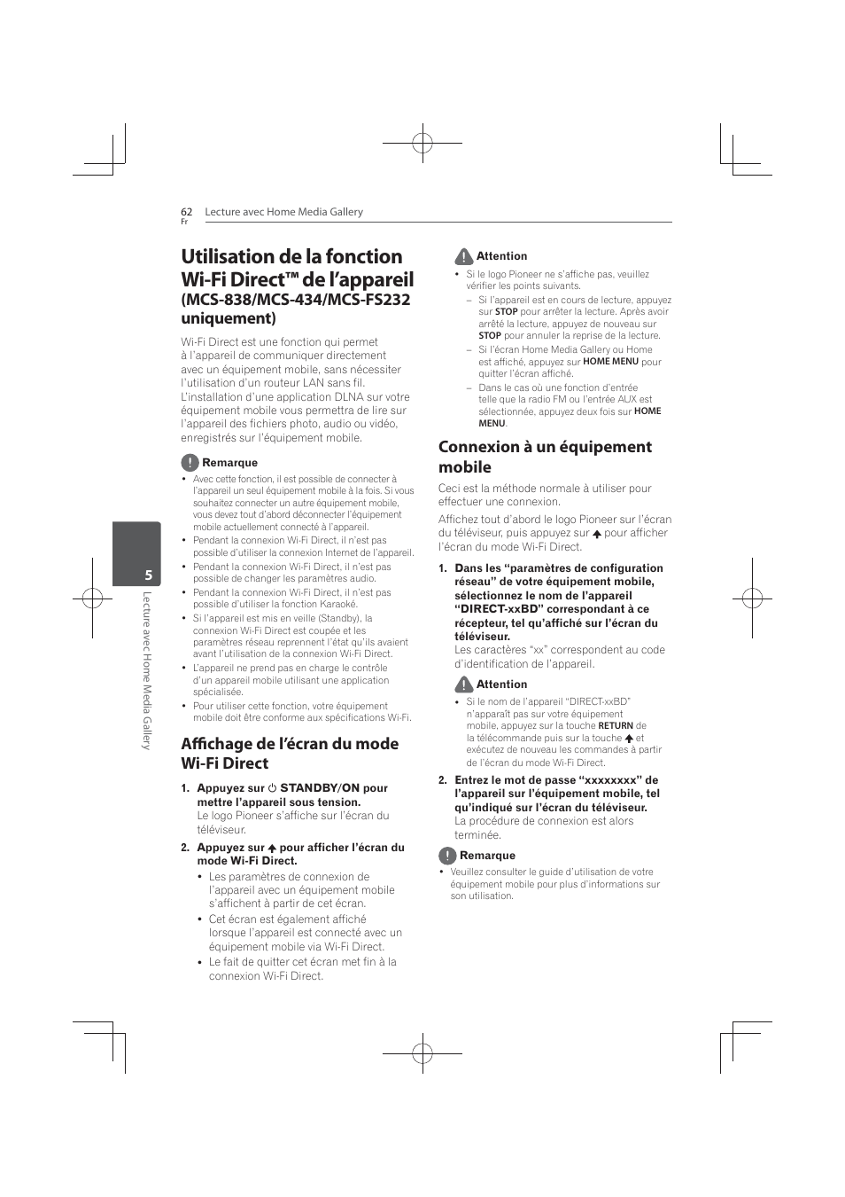Affichage de l’écran du mode wi-fi direct, Connexion à un équipement mobile | Pioneer MCS-FS131 User Manual | Page 156 / 576