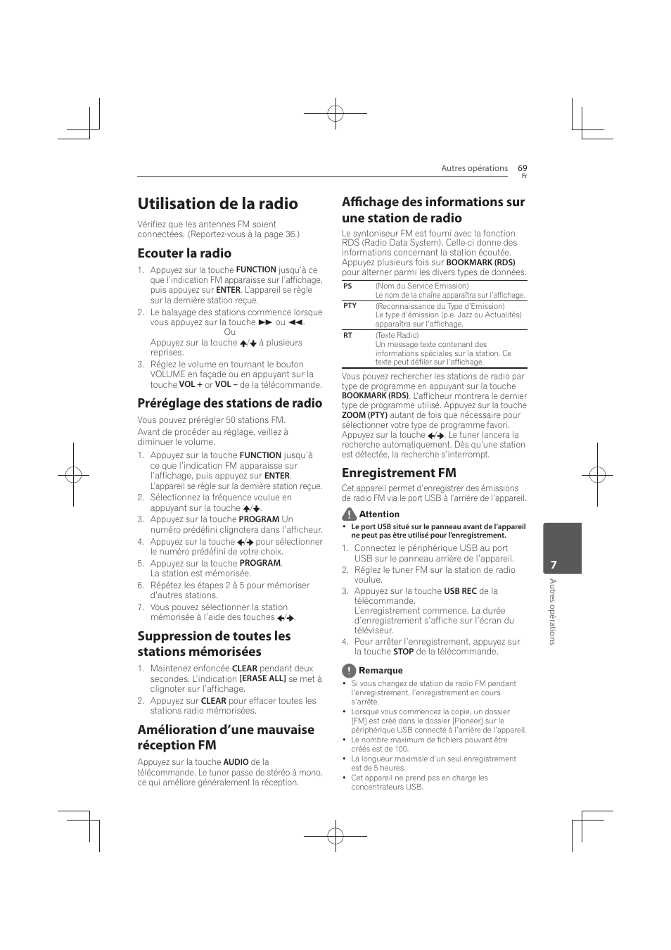 Utilisation de la radio, Ecouter la radio, Préréglage des stations de radio | Suppression de toutes les stations mémorisées, Amélioration d’une mauvaise réception fm, Enregistrement, Enregistrement fm | Pioneer MCS-FS131 User Manual | Page 163 / 576