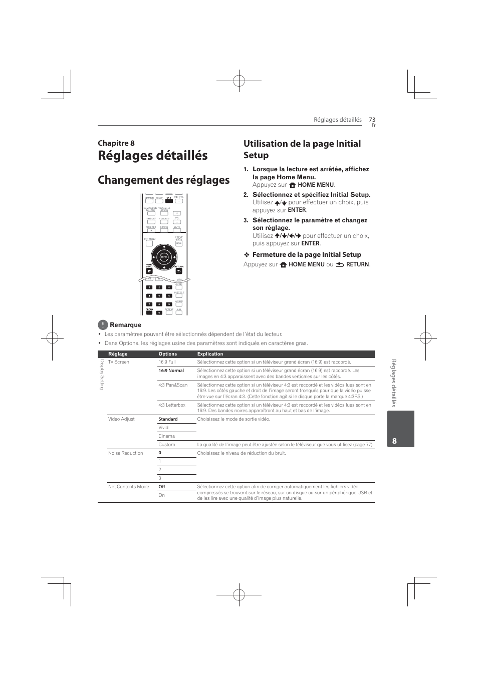 8 réglages, Détaillés, Changement des réglages | Réglages détaillés, Utilisation de la page initial setup, 8chapitre 8 | Pioneer MCS-FS131 User Manual | Page 167 / 576