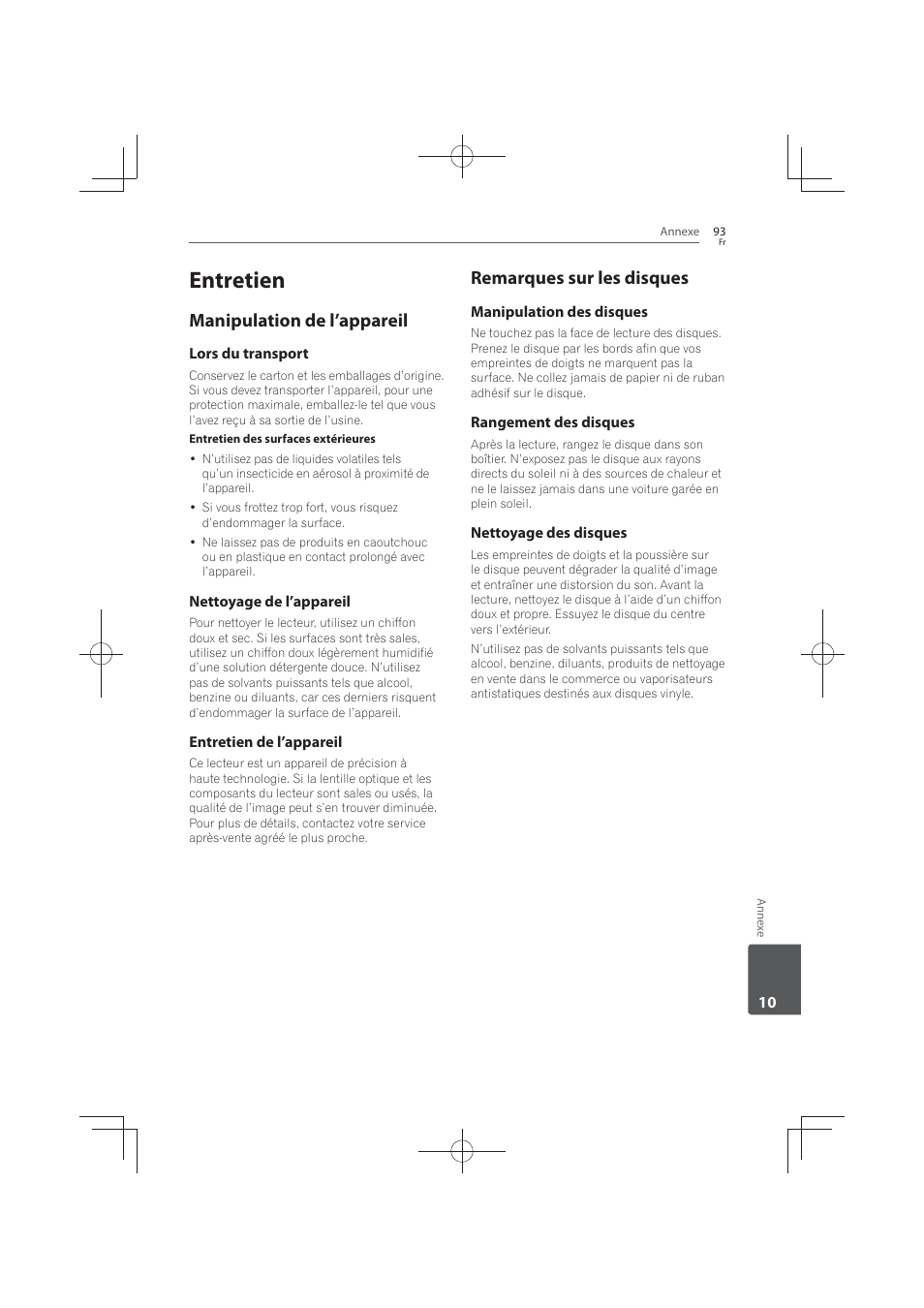 93 entretien 93, Manipulation de l’appareil, Remarques sur les disques | Entretien | Pioneer MCS-FS131 User Manual | Page 187 / 576