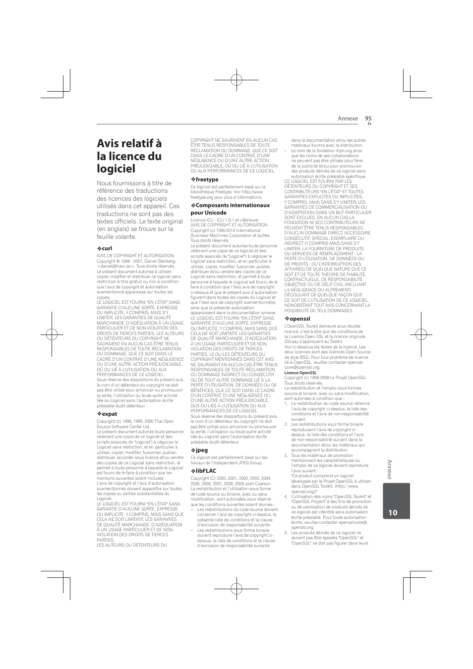 Avis relatif à la licence du logiciel, Annexe 95, Annex e | Expat, Freetype, Composants internationaux pour unicode, Jpeg, Libflac, Openssl | Pioneer MCS-FS131 User Manual | Page 189 / 576
