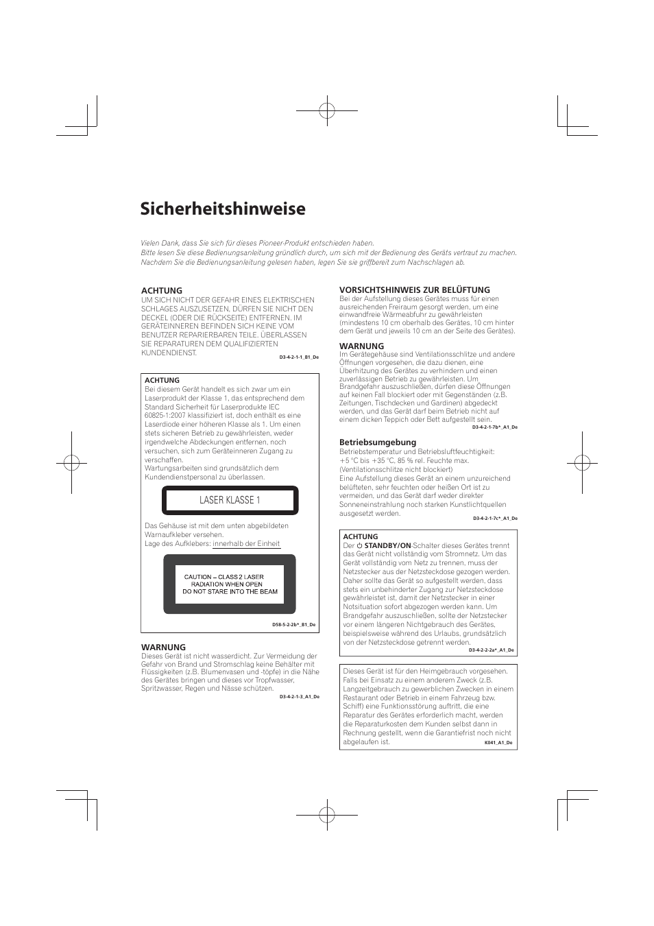 Sicherheitshinweise, Laser klasse 1 | Pioneer MCS-FS131 User Manual | Page 198 / 576