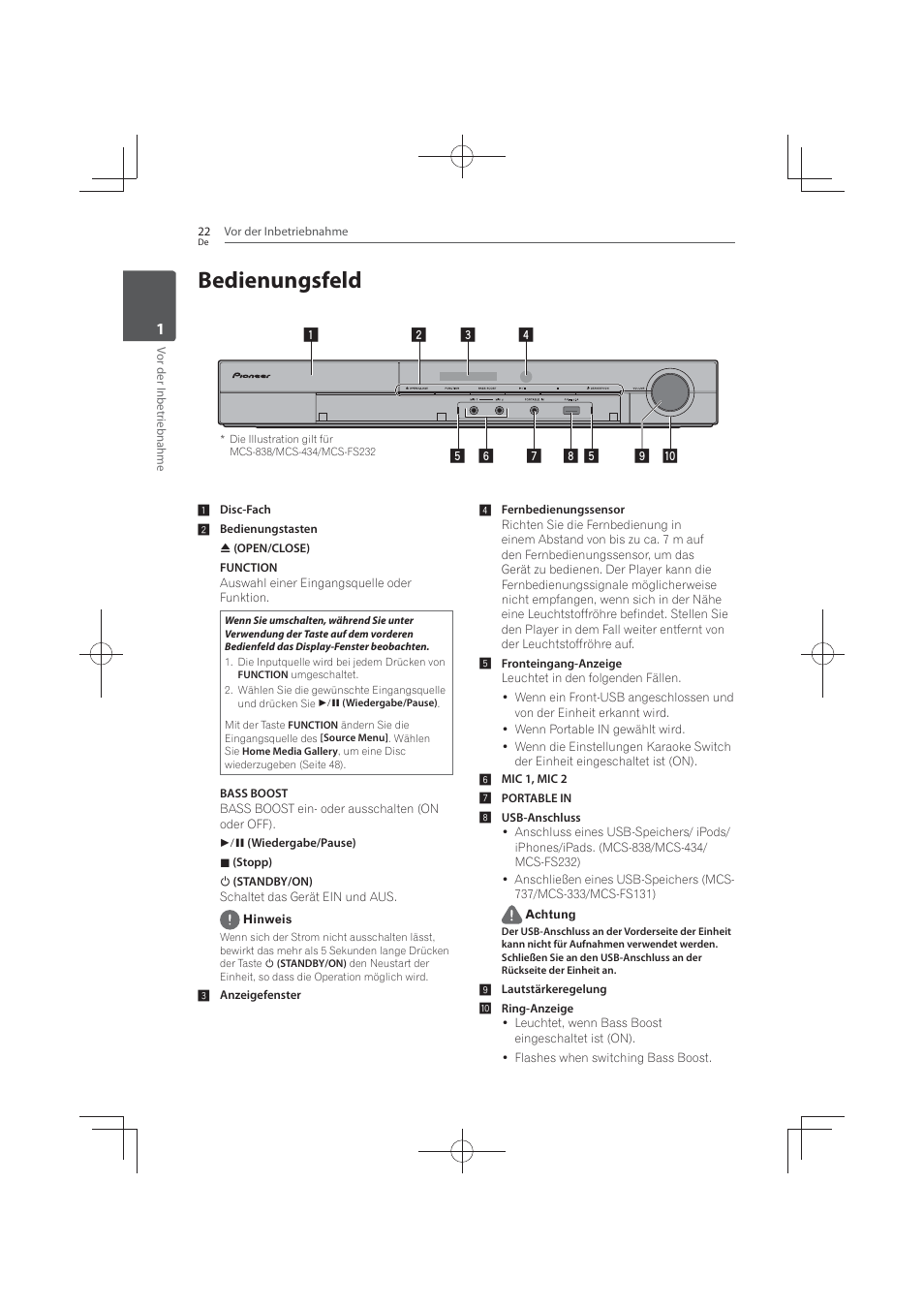 22 bedienungsfeld, Bedienungsfeld | Pioneer MCS-FS131 User Manual | Page 218 / 576