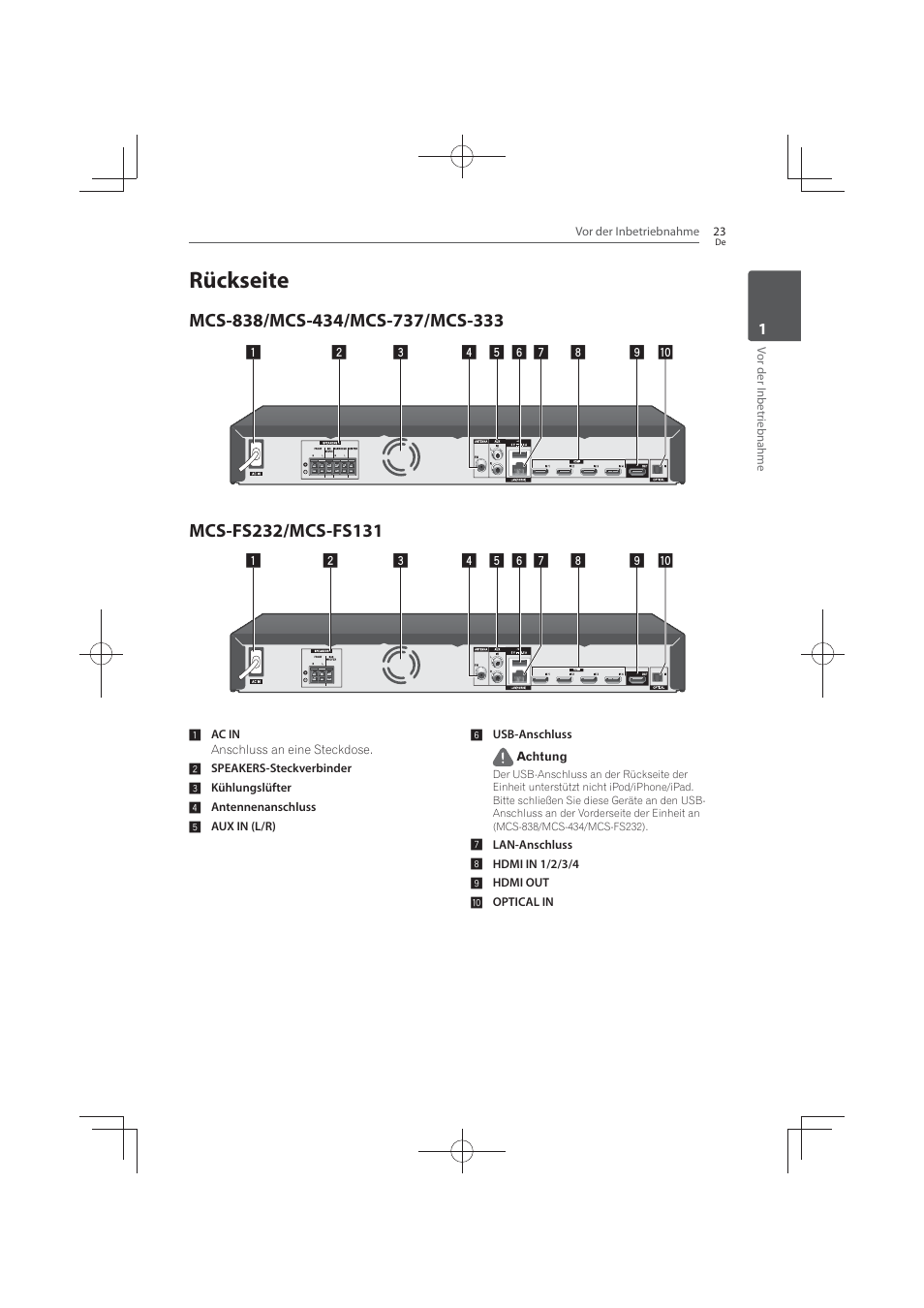 23 rückseite 23, Mcs-838/mcs-434/mcs-737/mcs-333, Mcs-fs232/mcs-fs131 | Rückseite | Pioneer MCS-FS131 User Manual | Page 219 / 576