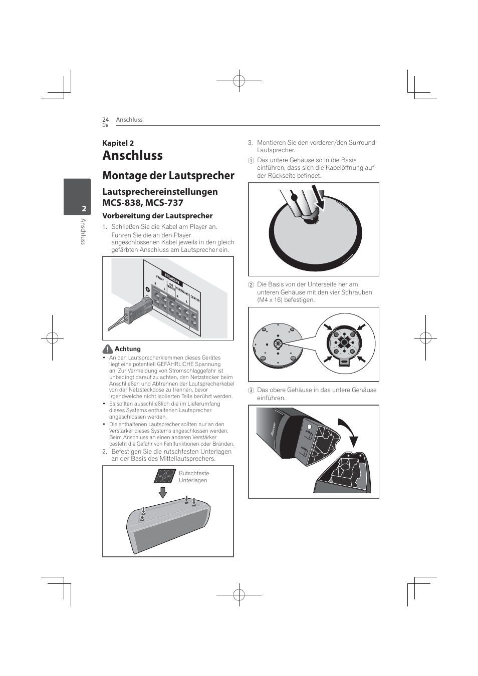 2 anschluss, Montage der lautsprecher, Lautsprechereinstellungen mcs-838, mcs-737 | Anschluss | Pioneer MCS-FS131 User Manual | Page 220 / 576