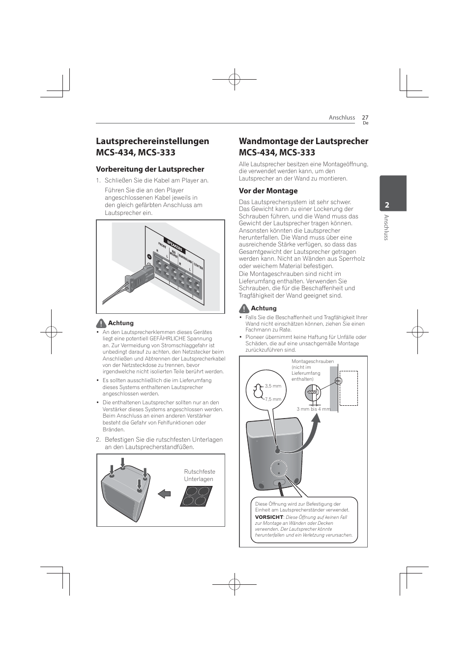Lautsprechereinstellungen mcs-434, mcs-333, Wandmontage der lautsprecher mcs-434, mcs-333, Vorbereitung der lautsprecher | Vor der montage | Pioneer MCS-FS131 User Manual | Page 223 / 576