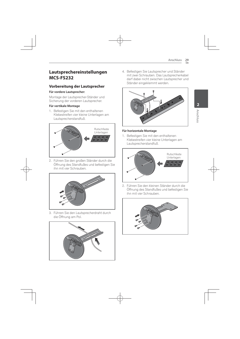 Lautsprechereinstellungen, Mcs-fs232, Lautsprechereinstellungen mcs-fs232 | Vorbereitung der lautsprecher | Pioneer MCS-FS131 User Manual | Page 225 / 576