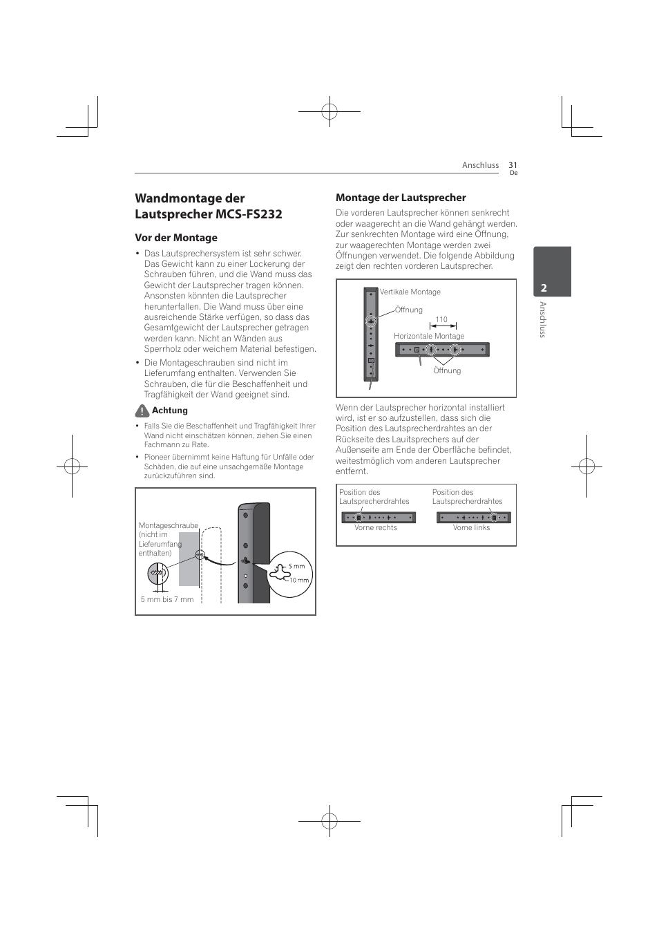 Wandmontage der lautsprecher mcs-fs232, Vor der montage, Montage der lautsprecher | Pioneer MCS-FS131 User Manual | Page 227 / 576
