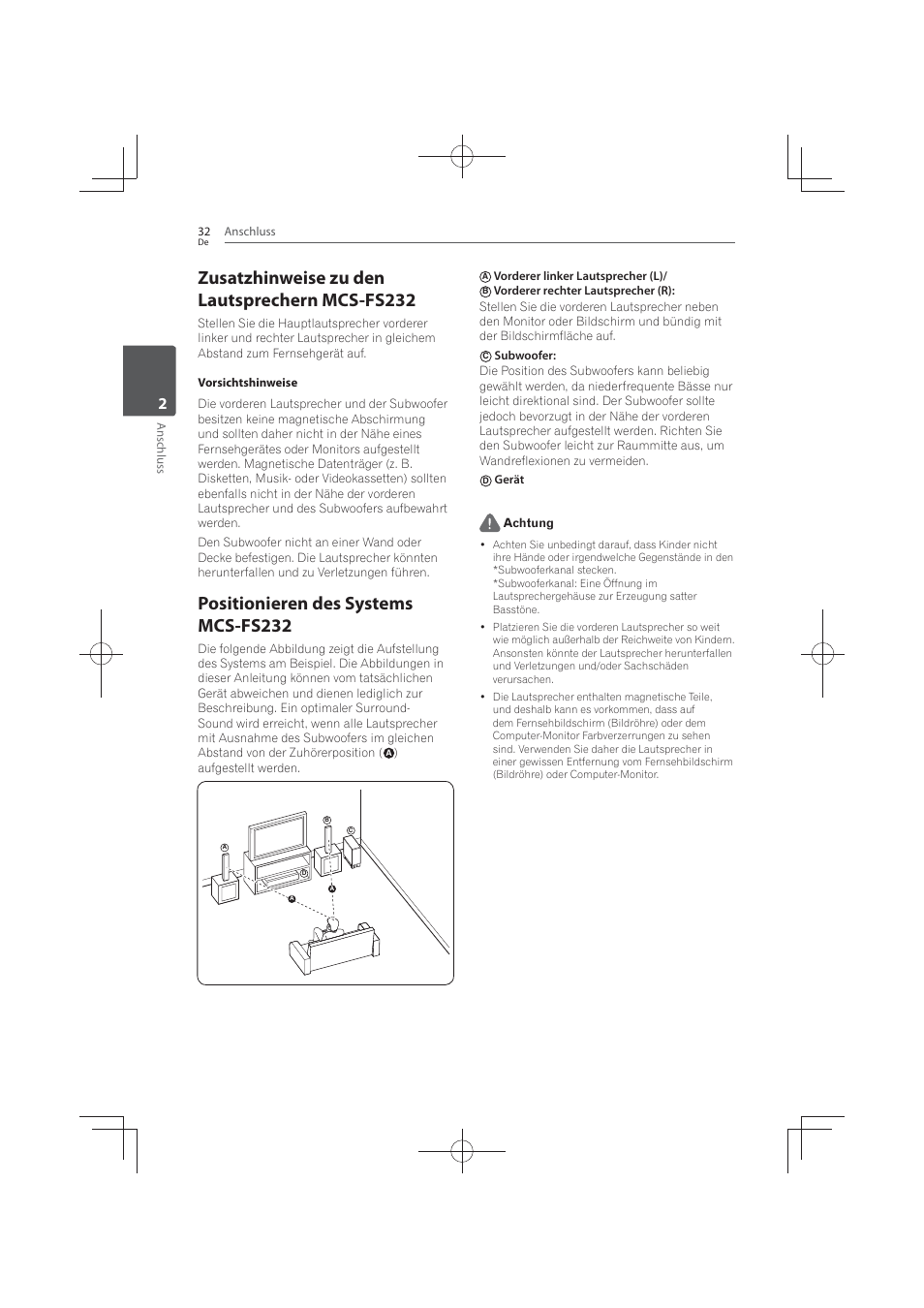 Zusatzhinweise zu den lautsprechern mcs- fs232, Positionieren des systems mcs-fs232, Zusatzhinweise zu den lautsprechern mcs-fs232 | Pioneer MCS-FS131 User Manual | Page 228 / 576