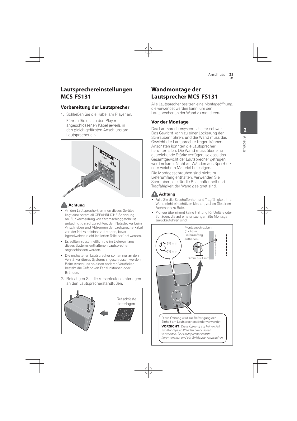 Lautsprechereinstellungen, Mcs-fs131, Wandmontage der lautsprecher mcs-fs131 | Lautsprechereinstellungen mcs-fs131, Vorbereitung der lautsprecher, Vor der montage | Pioneer MCS-FS131 User Manual | Page 229 / 576