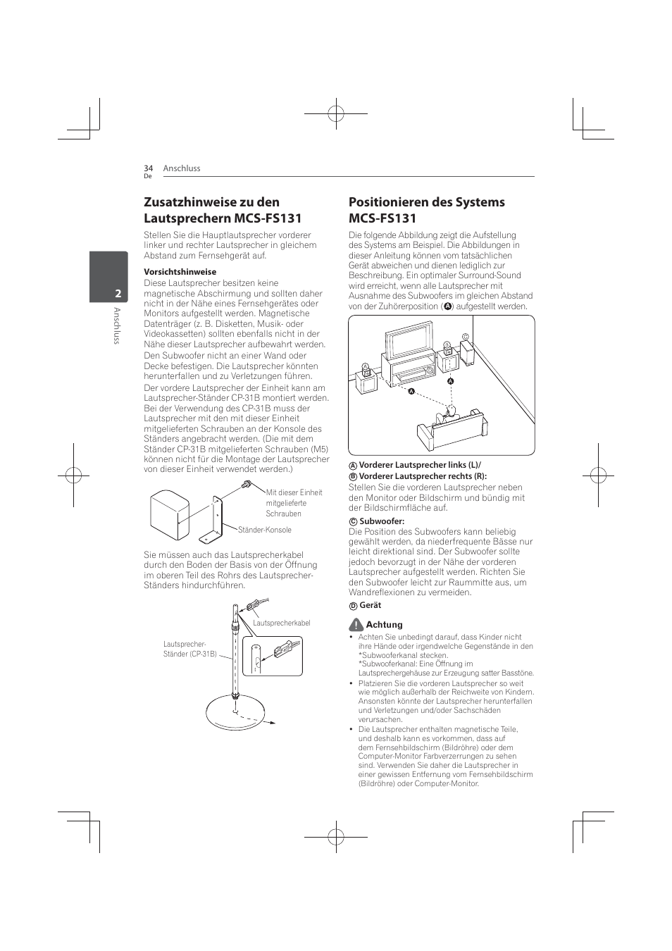 Zusatzhinweise zu den lautsprechern mcs- fs131, Positionieren des systems mcs-fs131, Zusatzhinweise zu den lautsprechern mcs-fs131 | Pioneer MCS-FS131 User Manual | Page 230 / 576