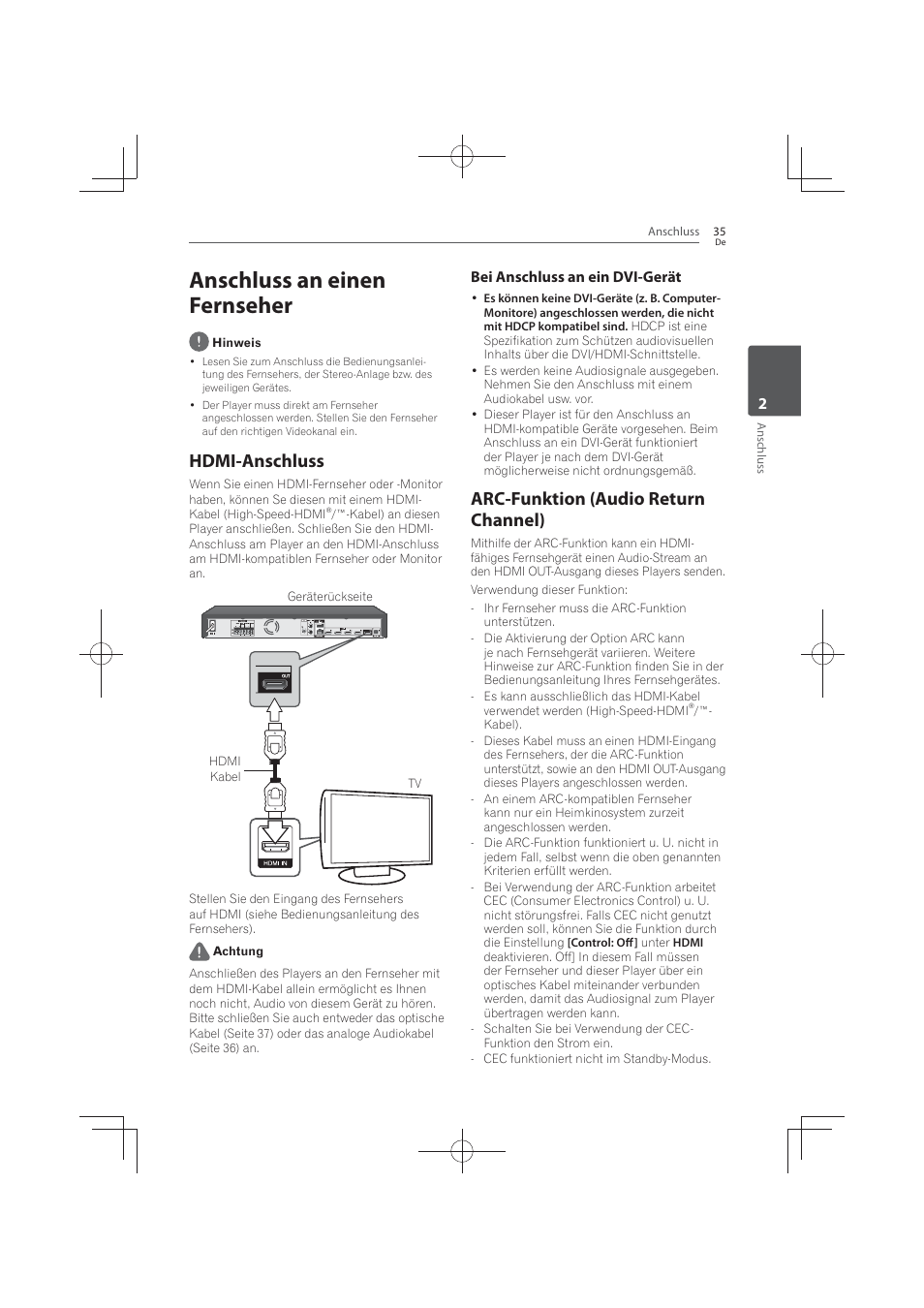 Anschluss an einen fernseher, Hdmi-anschluss, Arc-funktion (audio return channel) | Bei anschluss an ein dvi-gerät | Pioneer MCS-FS131 User Manual | Page 231 / 576