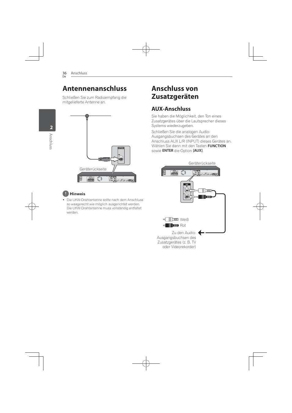36 antennenanschluss 36, Anschluss von zusatzgeräten, Aux-anschluss | Antennenanschluss | Pioneer MCS-FS131 User Manual | Page 232 / 576