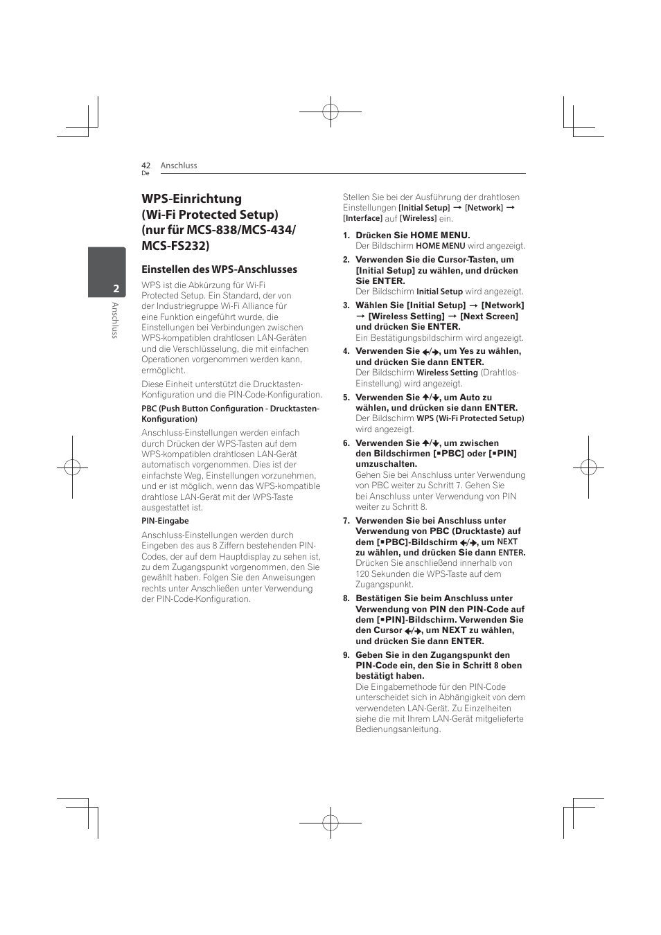 Wps-einrichtung (wi-fi protected setup), Nur für mcs-838/mcs-434/mcs-fs232), Einstellen des wps-anschlusses | Pioneer MCS-FS131 User Manual | Page 238 / 576