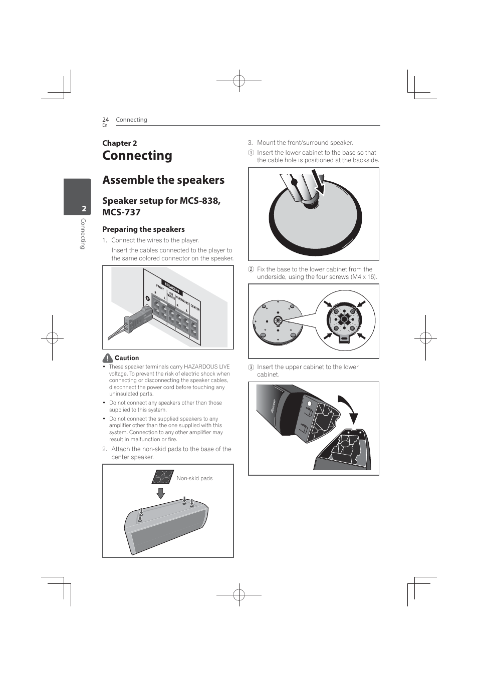 2 connecting, Assemble the speakers, Speaker setup for mcs-838, mcs-737 | Connecting | Pioneer MCS-FS131 User Manual | Page 24 / 576