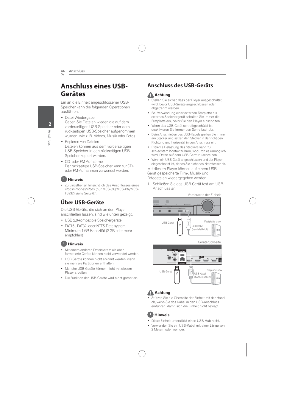 Anschluss eines usb-gerätes, Über, Usb-geräte | Anschluss des usb-geräts, Anschluss eines usb- gerätes, Über usb-geräte | Pioneer MCS-FS131 User Manual | Page 240 / 576