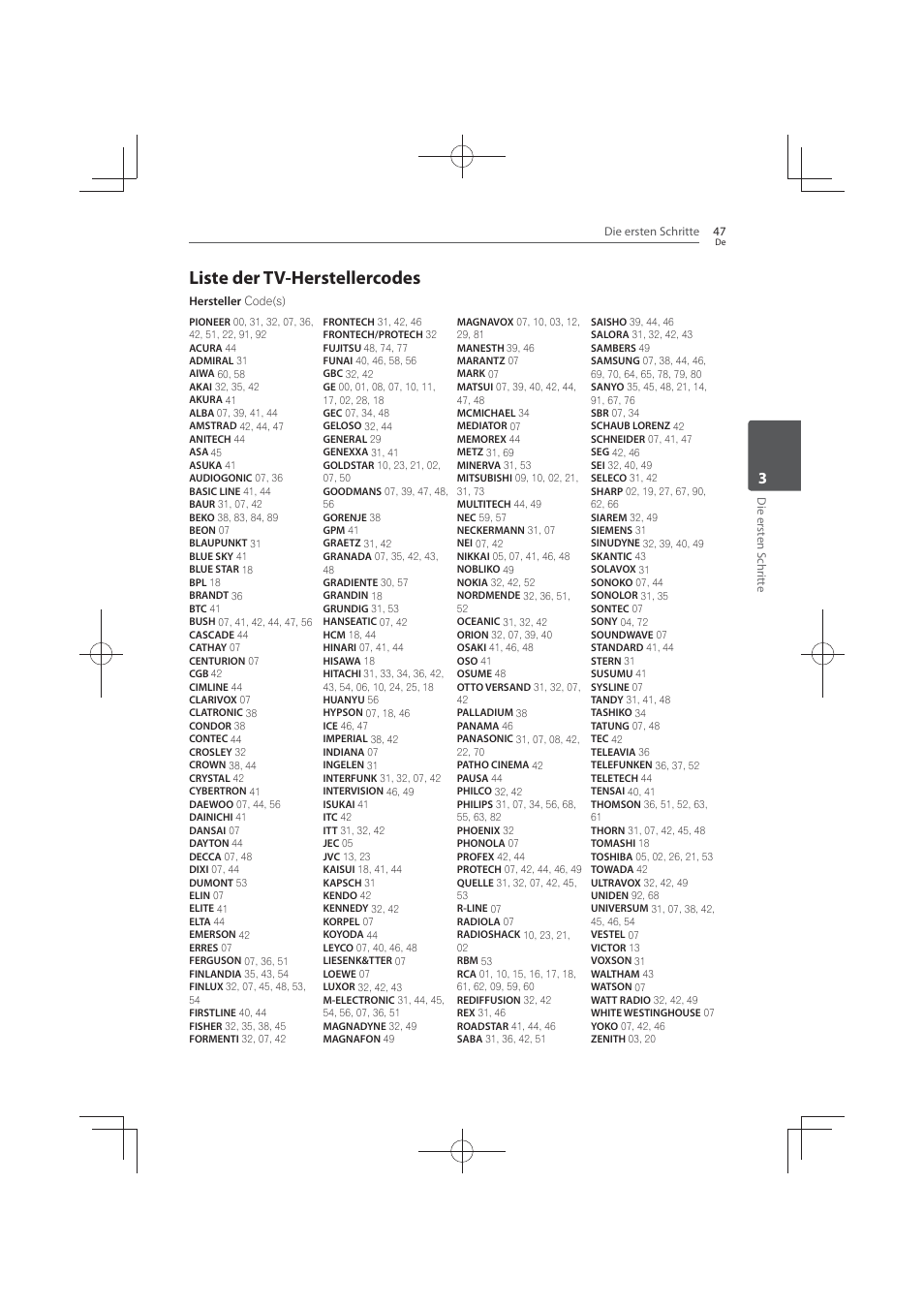 Liste, Tv-herstellercodes, Liste der tv-herstellercodes | Pioneer MCS-FS131 User Manual | Page 243 / 576
