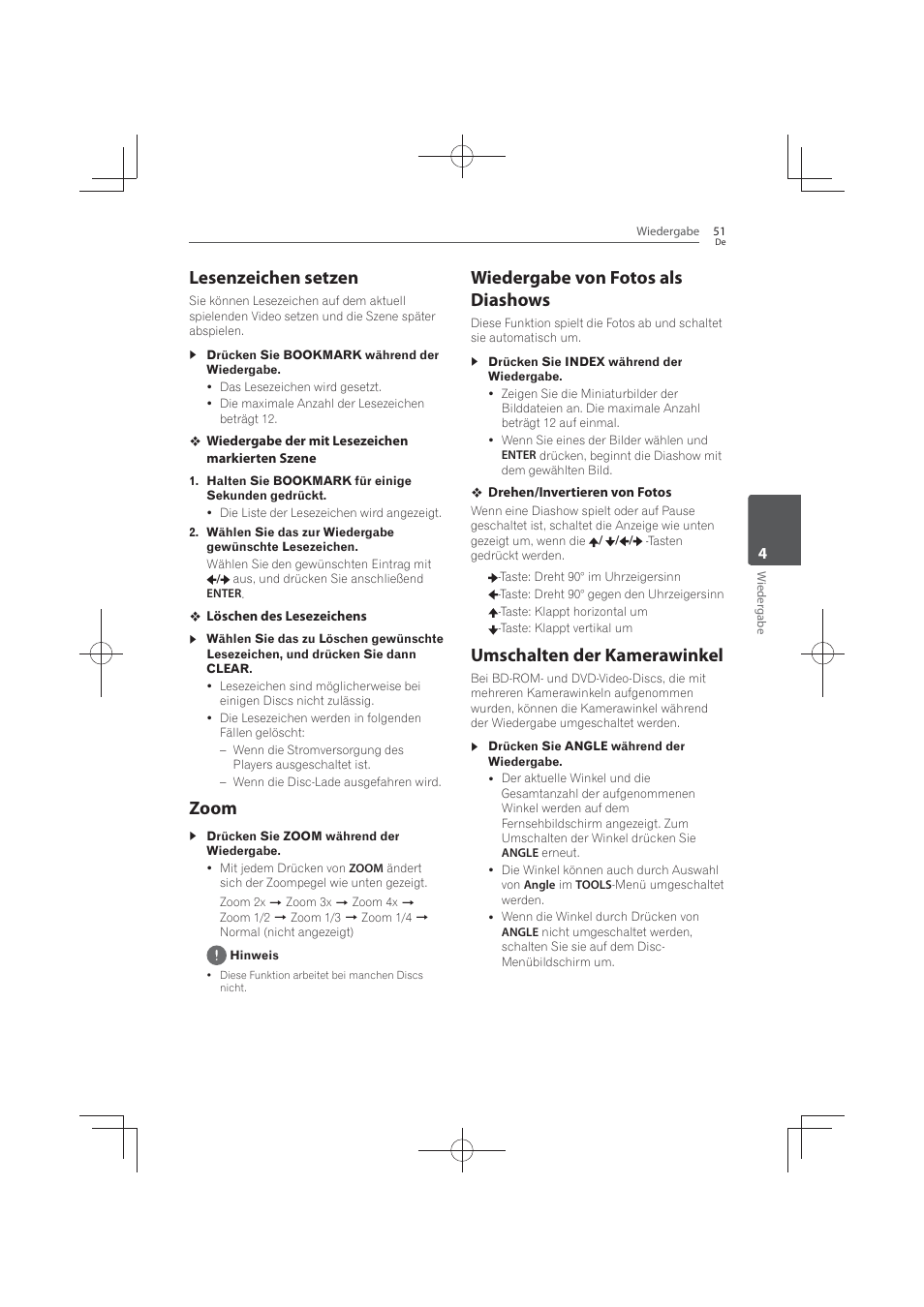 Lesenzeichen, Setzen, Zoom | Wiedergabe von fotos als diashows, Umschalten der kamerawinkel, Lesenzeichen setzen | Pioneer MCS-FS131 User Manual | Page 247 / 576
