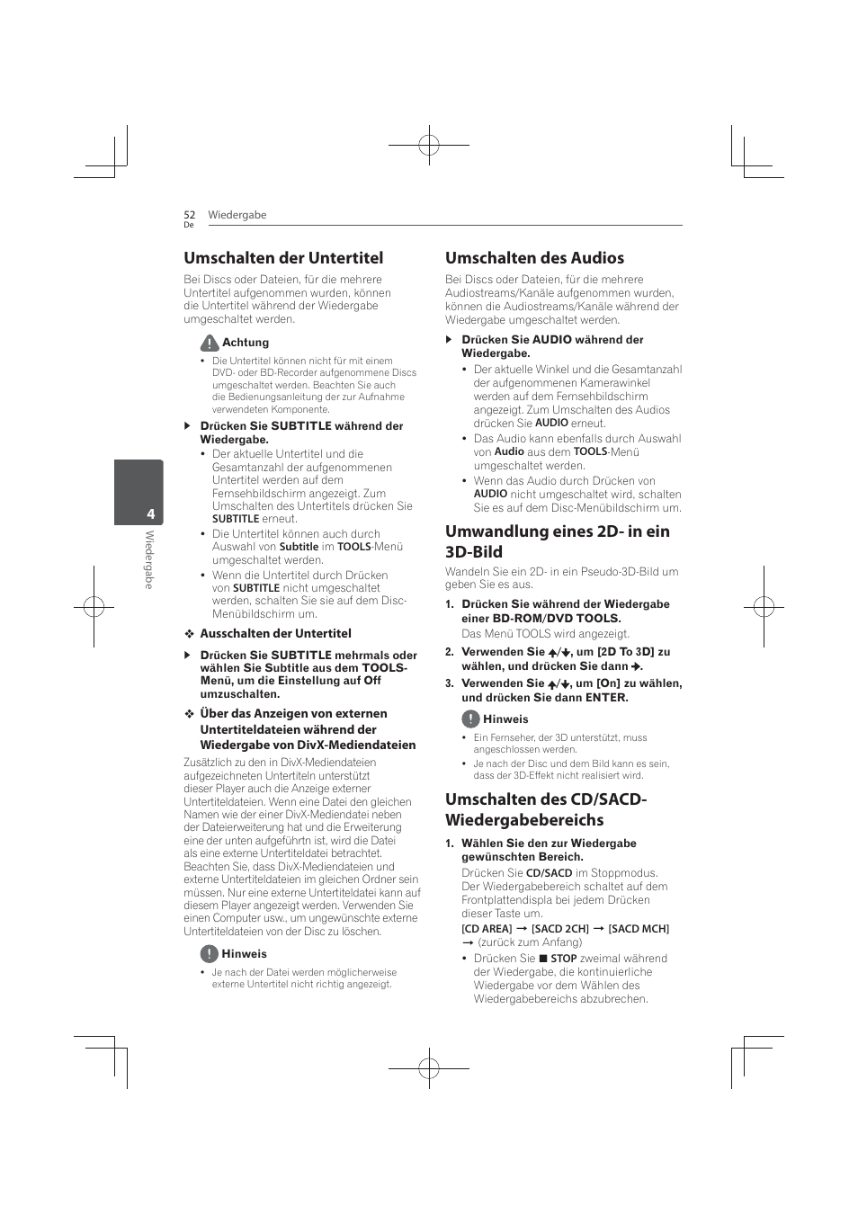 Umschalten der untertitel, Umschalten des audios, Umwandlung eines 2d- in ein 3d-bild | Umschalten des cd/sacd- wiedergabebereichs | Pioneer MCS-FS131 User Manual | Page 248 / 576