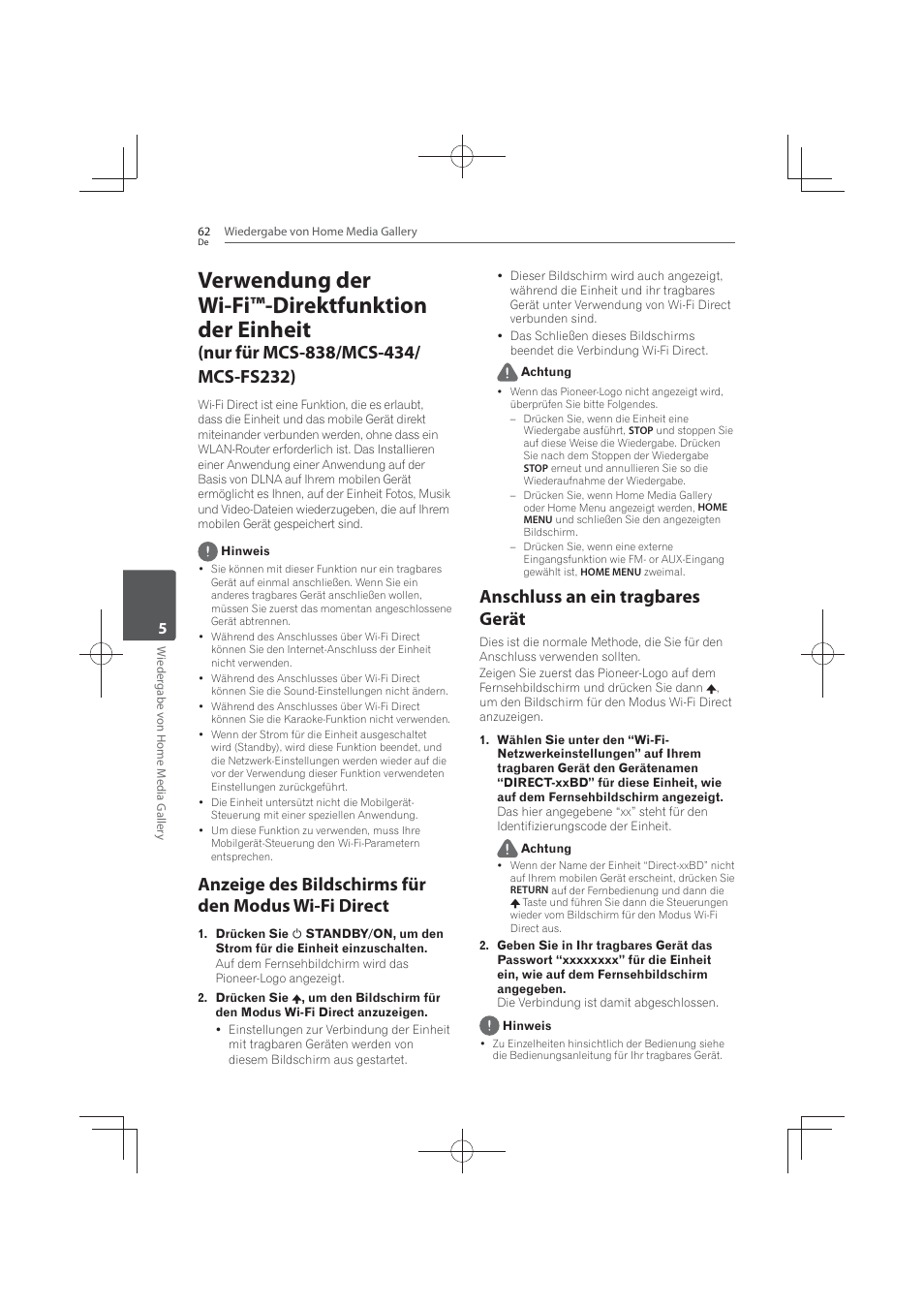 62 verwendung, Anzeige des bildschirms für den modus wi-fi direct, Anschluss an ein tragbares gerät | Verwendung der wi-fi™-direktfunktion der einheit | Pioneer MCS-FS131 User Manual | Page 258 / 576