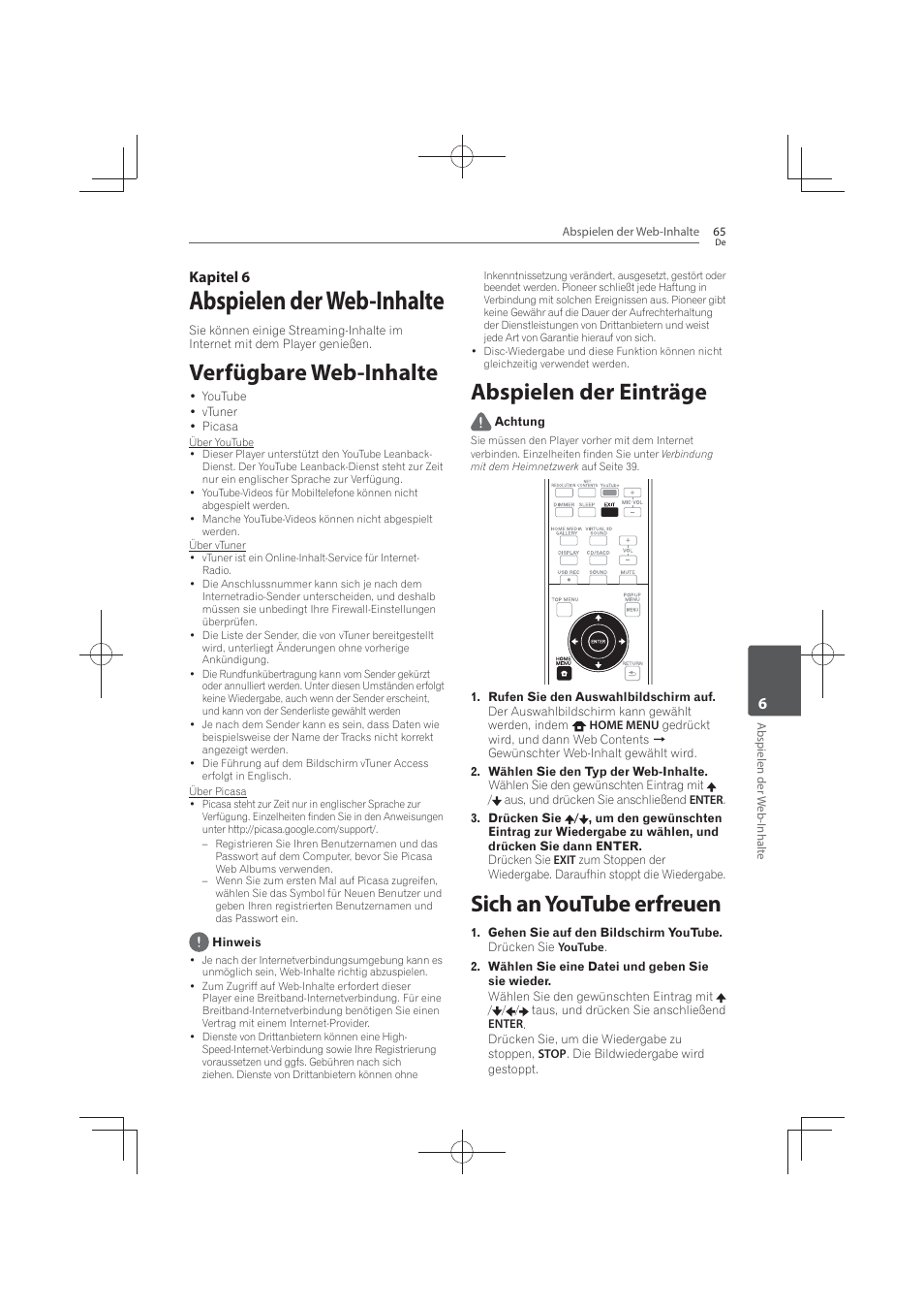 6 abspielen, Web-inhalte, 65 verfügbare | Abspielen der einträge, Sich an youtube erfreuen, Abspielen der web-inhalte, Verfügbare web-inhalte, 6kapitel 6 | Pioneer MCS-FS131 User Manual | Page 261 / 576