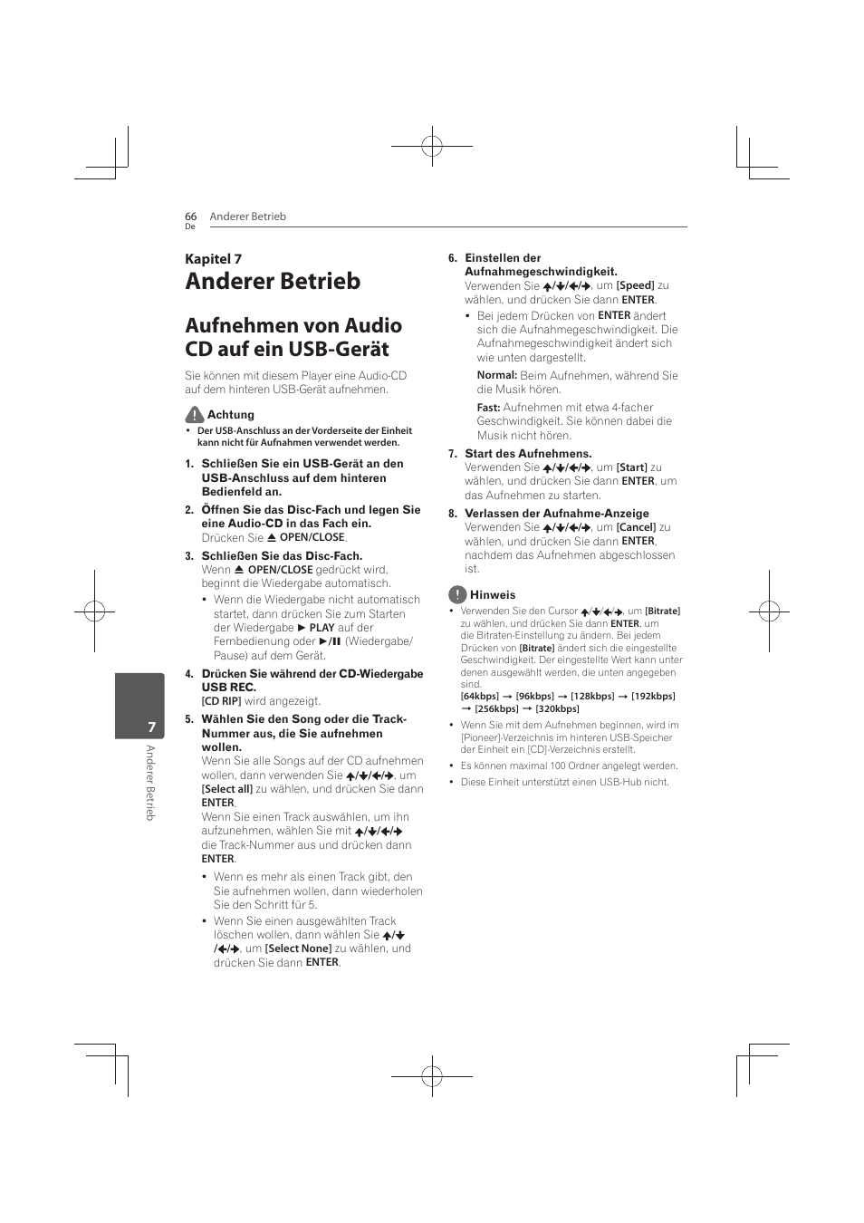 7 anderer, Betrieb, Aufnehmen von audio cd auf ein usb-gerät | Anderer betrieb, 7kapitel 7 | Pioneer MCS-FS131 User Manual | Page 262 / 576