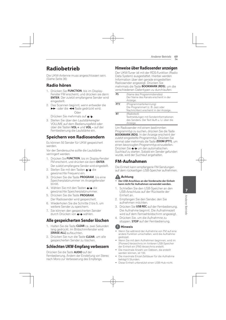 69 radiobetrieb 69, Radio, Hören | Speichern von radiosendern, Alle gespeicherten sender löschen, Schlechten ukw-empfang verbessern, Hinweise über radiosender anzeigen, Fm-aufnahmen, Radiobetrieb, Radio hören | Pioneer MCS-FS131 User Manual | Page 265 / 576