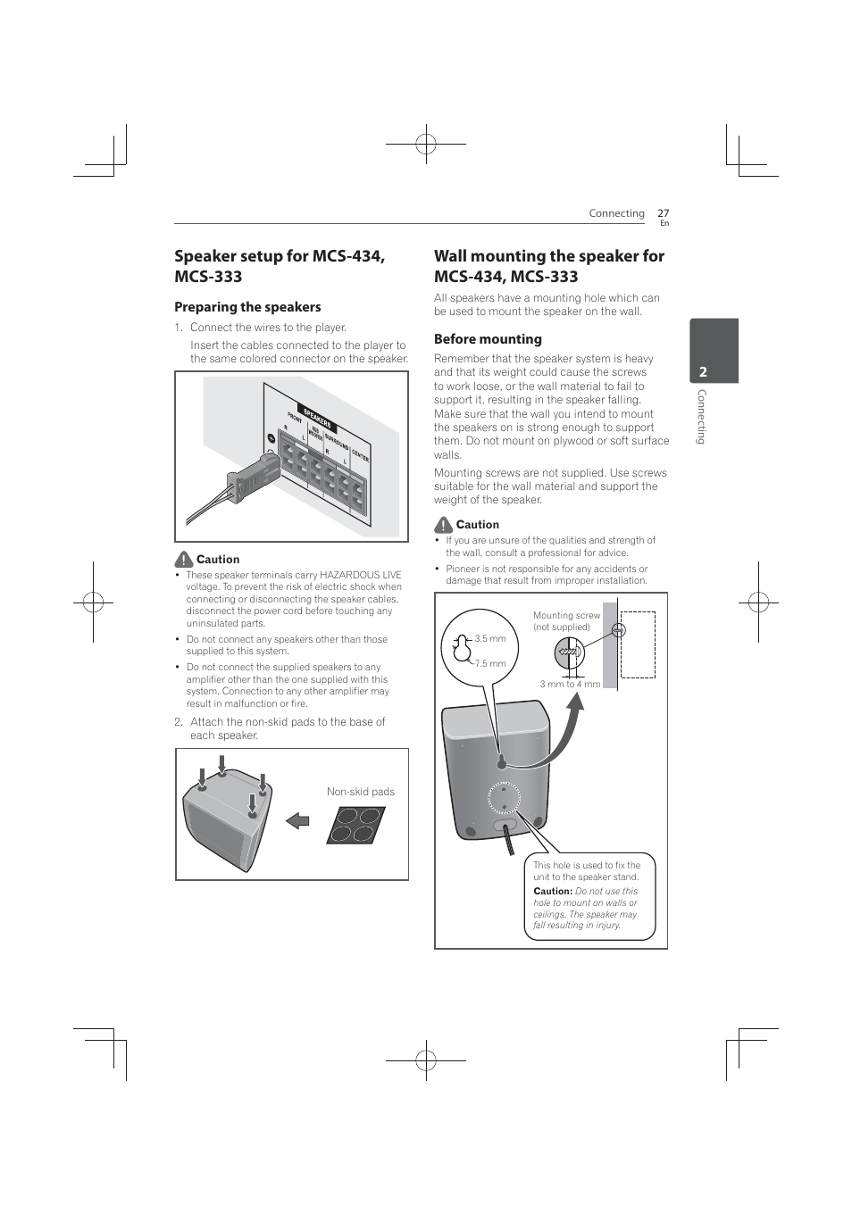 Speaker setup for mcs-434, mcs-333, Wall mounting the speaker for mcs-434, mcs-333, Preparing the speakers | Before mounting | Pioneer MCS-FS131 User Manual | Page 27 / 576