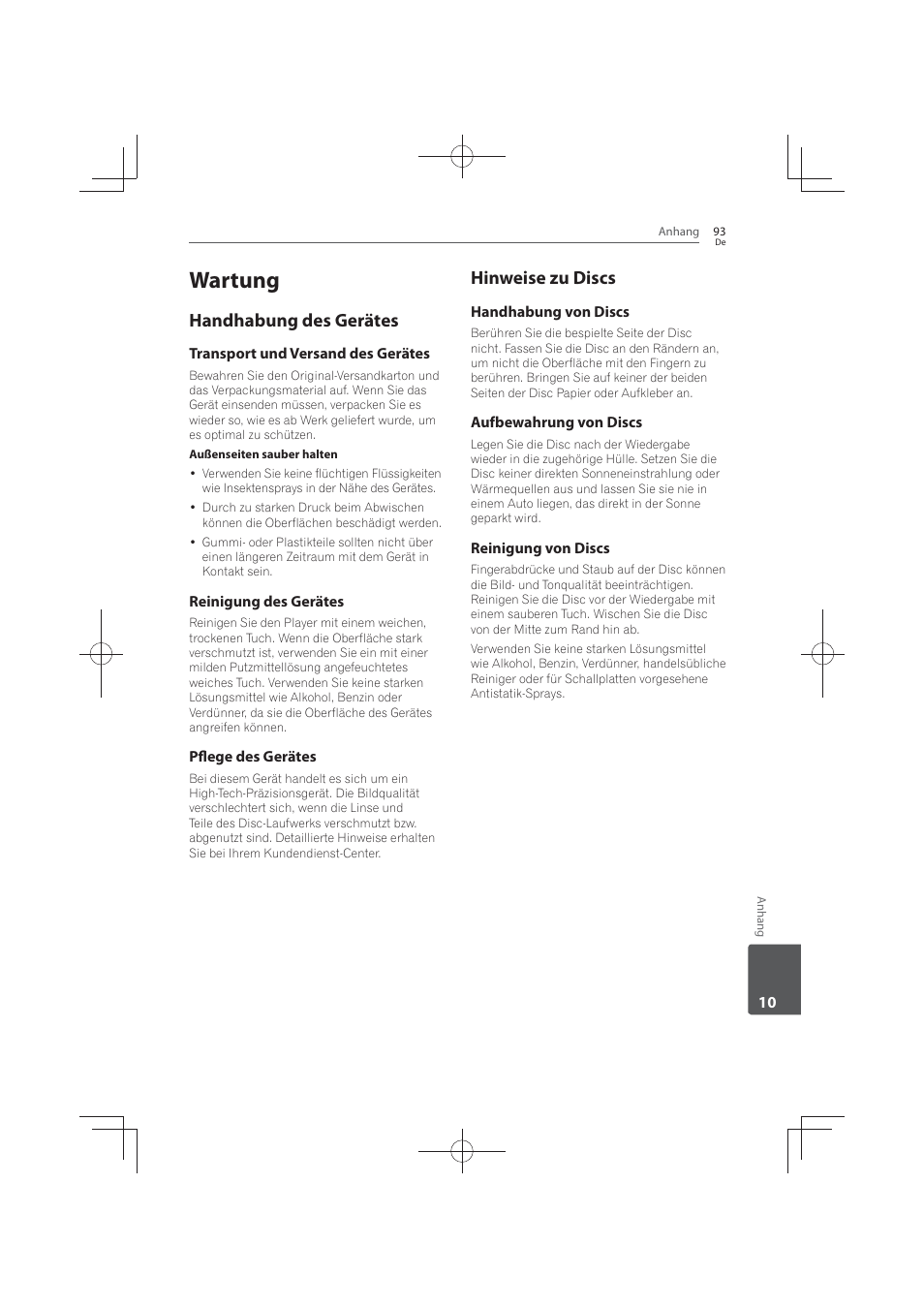 93 wartung 93, Handhabung des gerätes, Hinweise zu discs | Wartung | Pioneer MCS-FS131 User Manual | Page 289 / 576