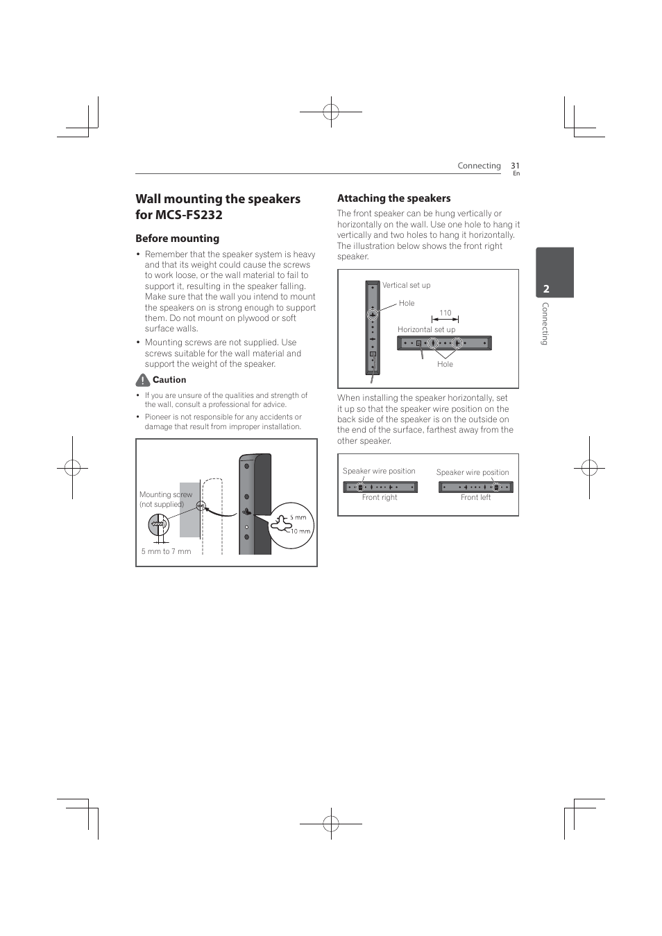 Wall mounting the speakers for mcs- fs232, Wall mounting the speakers for mcs-fs232, Before mounting | Attaching the speakers | Pioneer MCS-FS131 User Manual | Page 31 / 576