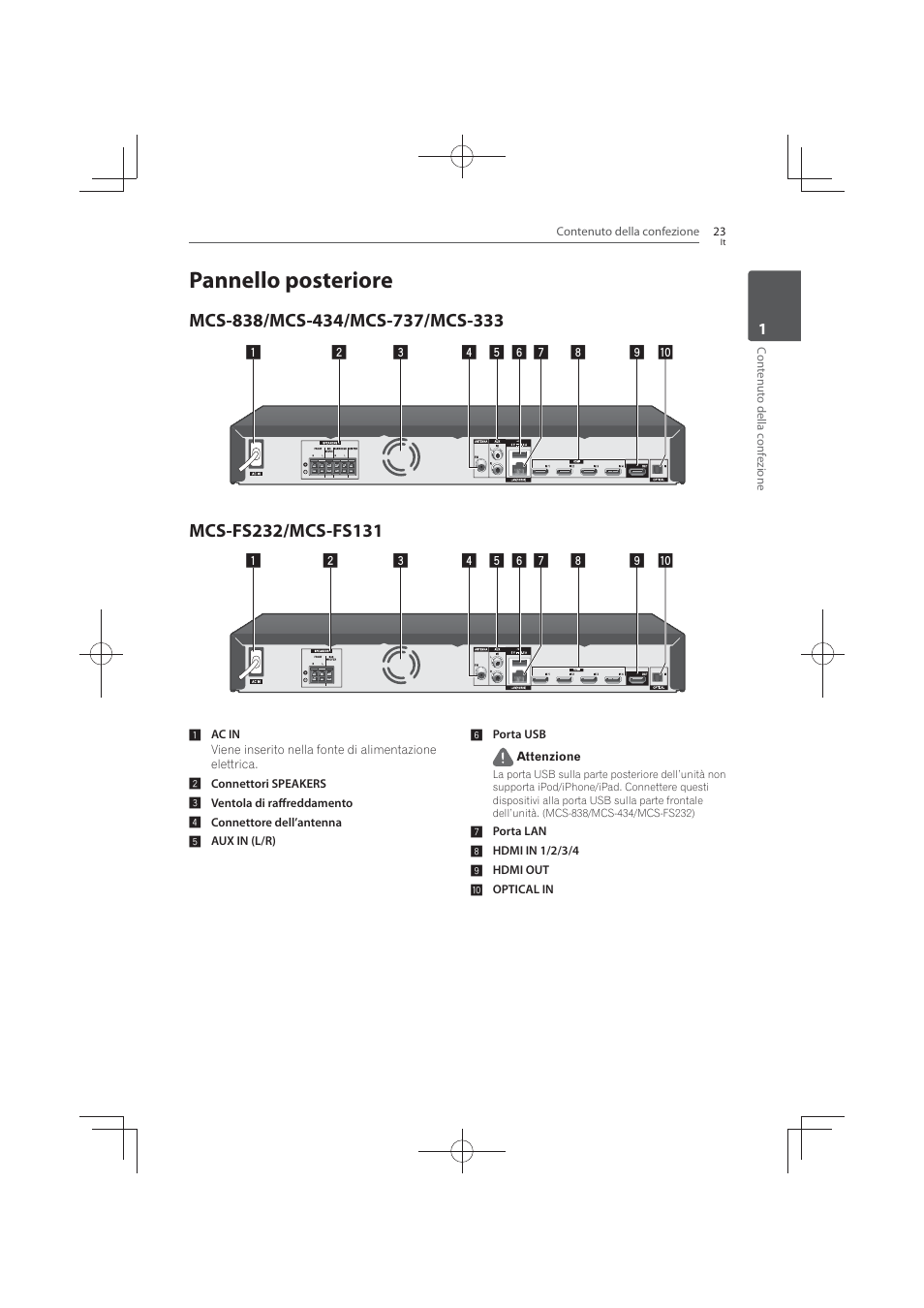 23 pannello, Posteriore, Mcs-838/mcs-434/mcs-737/mcs-333 | Mcs-fs232/mcs-fs131, Pannello posteriore | Pioneer MCS-FS131 User Manual | Page 313 / 576