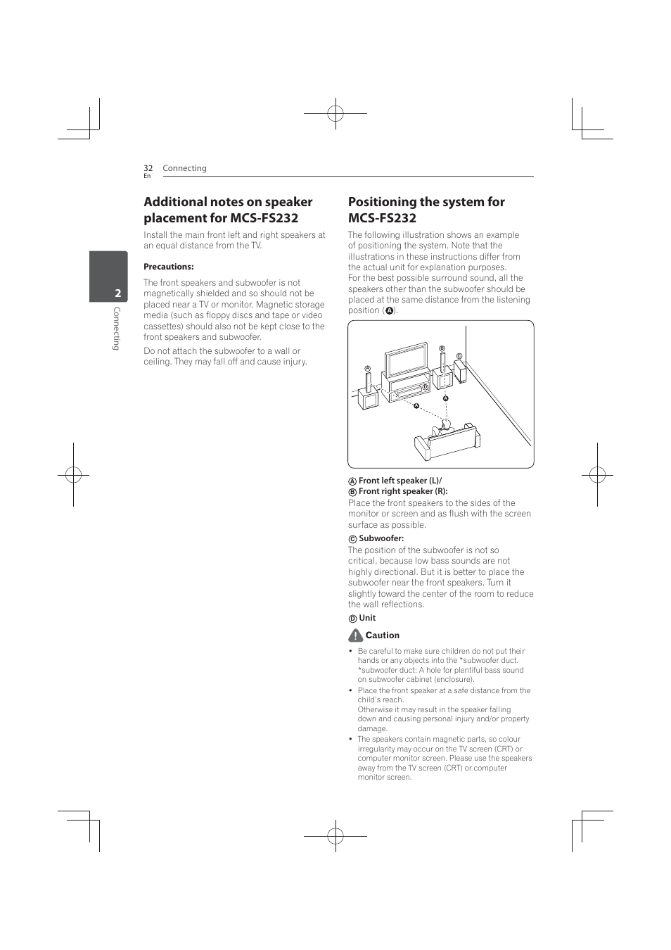 Additional notes on speaker placement for, Mcs-fs232, Positioning the system for mcs-fs232 | Pioneer MCS-FS131 User Manual | Page 32 / 576