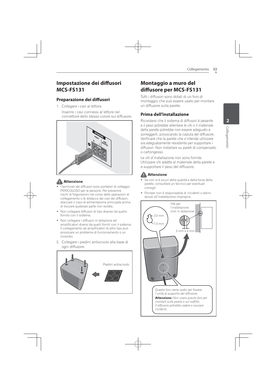 Impostazione dei diffusori mcs-fs131, Montaggio a muro del diffusore per mcs- fs131, Montaggio a muro del diffusore per mcs-fs131 | Preparazione dei diffusori, Prima dell’installazione | Pioneer MCS-FS131 User Manual | Page 323 / 576