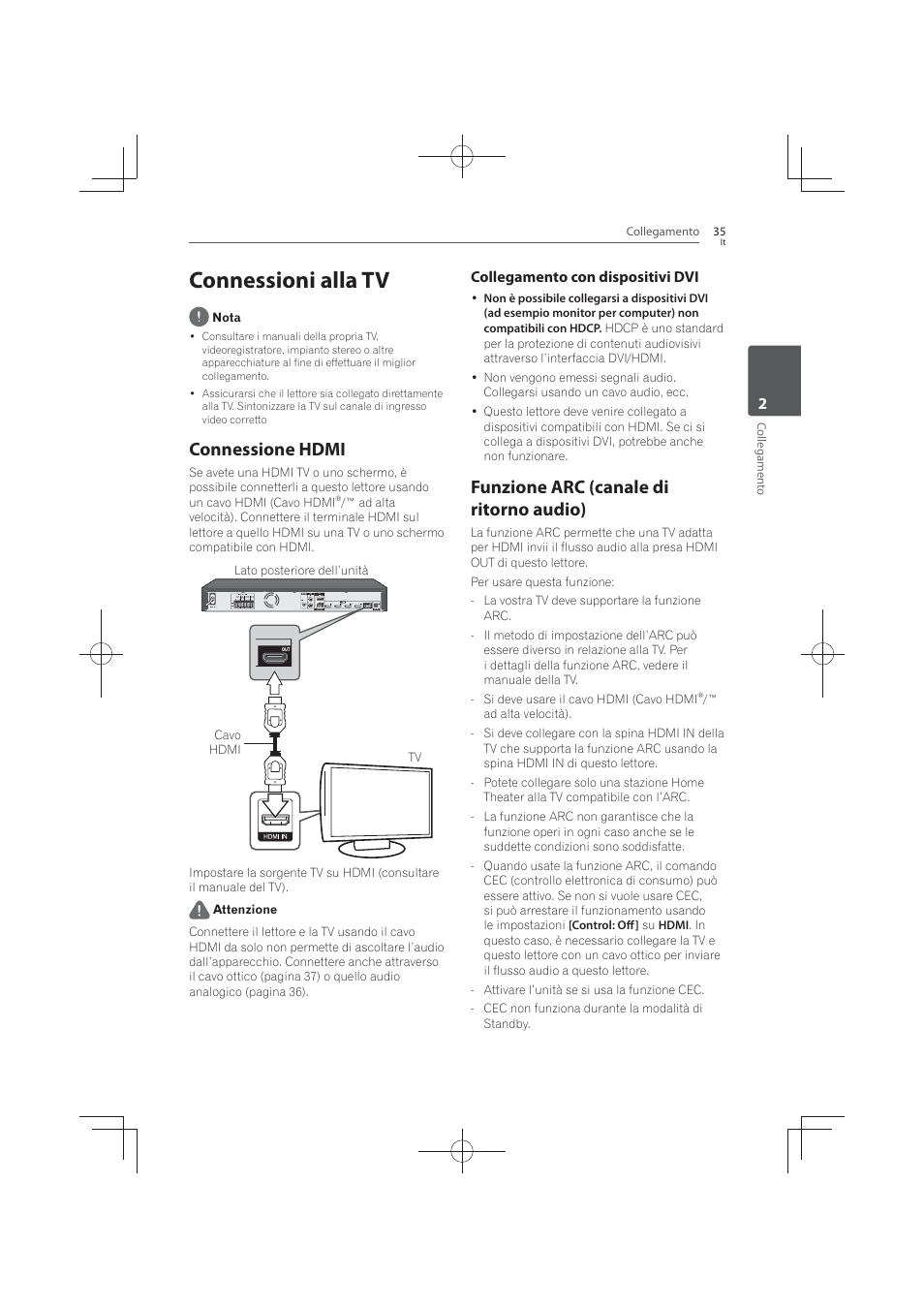 35 connessioni, Alla, Connessione | Hdmi, Funzione arc (canale di ritorno audio), Connessioni alla tv, Connessione hdmi, Collegamento con dispositivi dvi | Pioneer MCS-FS131 User Manual | Page 325 / 576