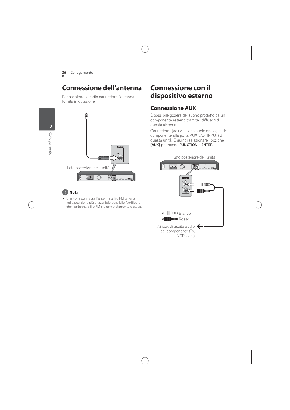 36 connessione, Dell’antenna, Connessione con il dispositivo esterno | Connessione, Connessione dell’antenna, Connessione aux | Pioneer MCS-FS131 User Manual | Page 326 / 576