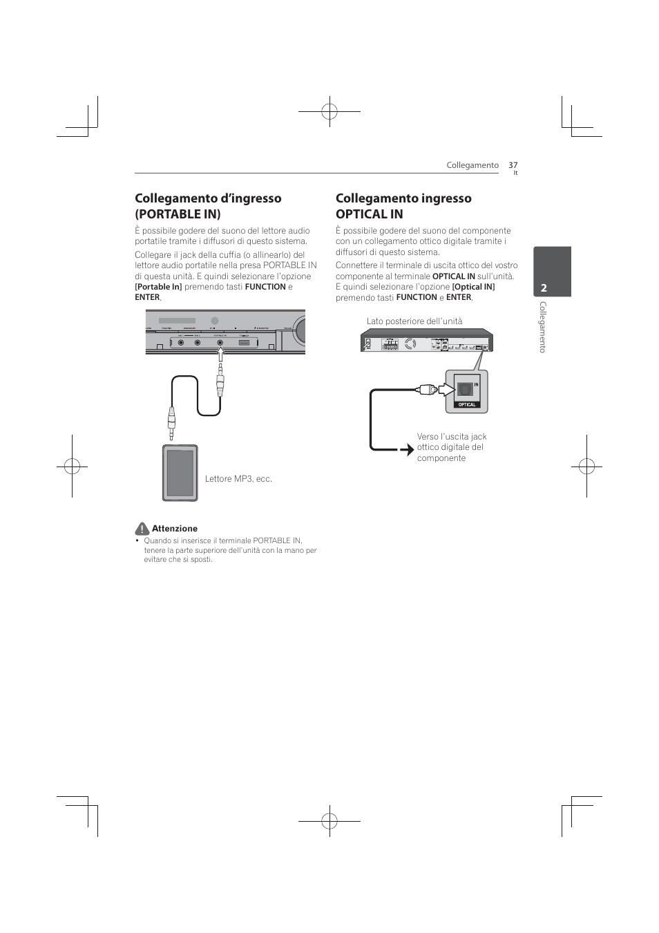Collegamento d’ingresso (portable in), Collegamento ingresso optical in | Pioneer MCS-FS131 User Manual | Page 327 / 576