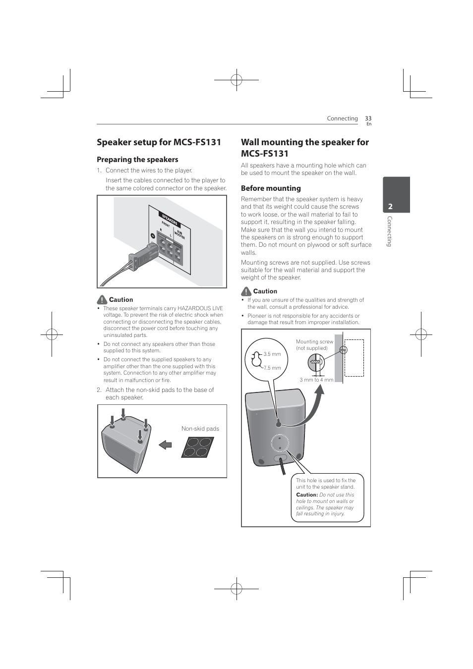 Speaker setup for mcs-fs131, Wall mounting the speaker for mcs-fs131, Preparing the speakers | Before mounting | Pioneer MCS-FS131 User Manual | Page 33 / 576