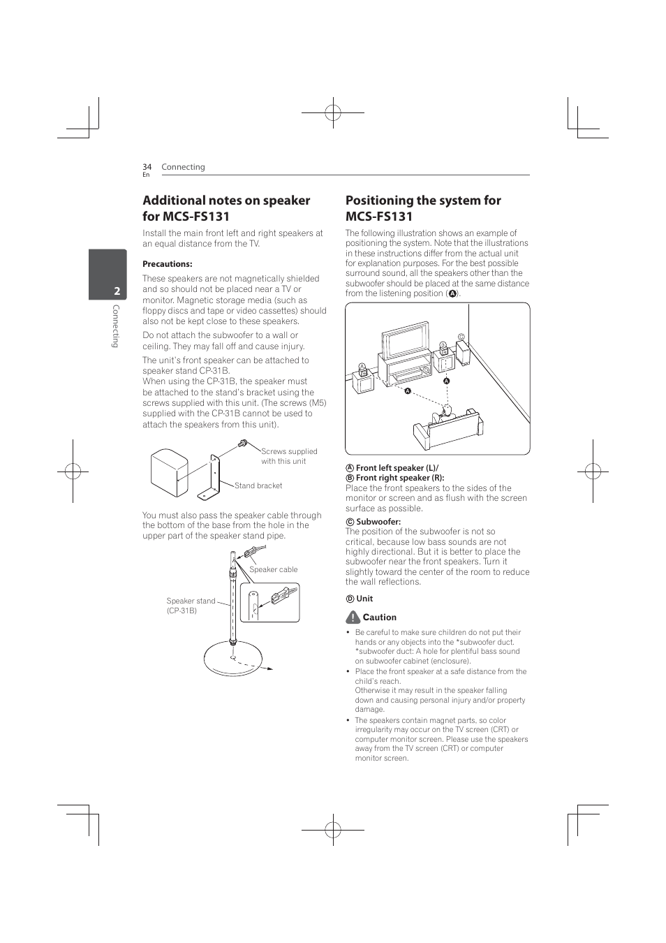 Additional notes on speaker for mcs- fs131, Positioning the system for mcs-fs131 | Pioneer MCS-FS131 User Manual | Page 34 / 576