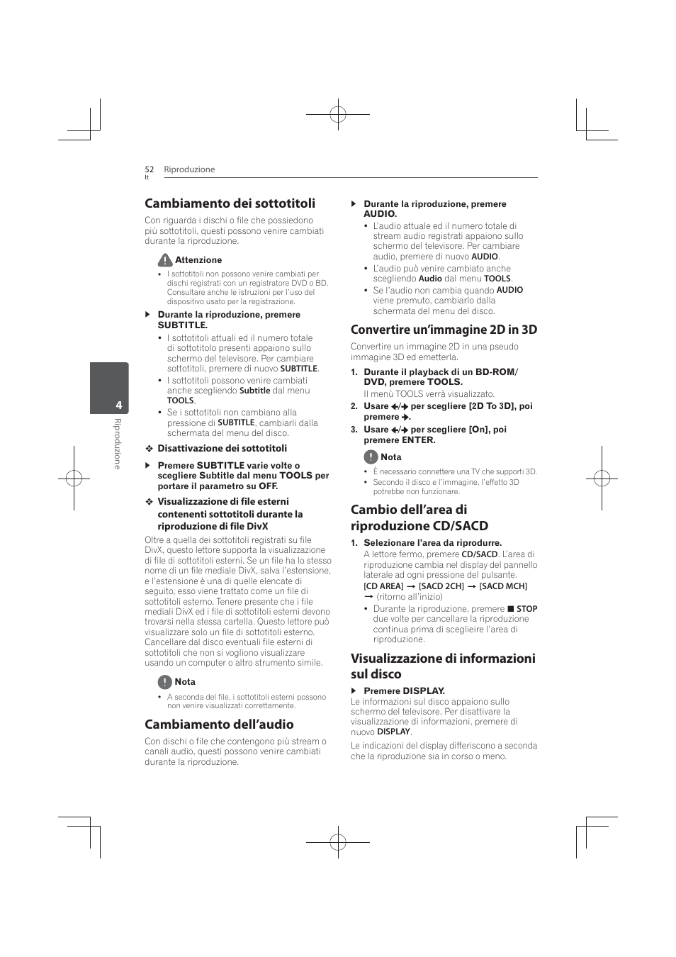 Cambiamento dei sottotitoli, Cambiamento, Dell’audio | Convertire un’immagine 2d in 3d, Cambio dell’area di riproduzione cd/sacd, Visualizzazione di informazioni sul disco, Cambiamento dell’audio | Pioneer MCS-FS131 User Manual | Page 342 / 576