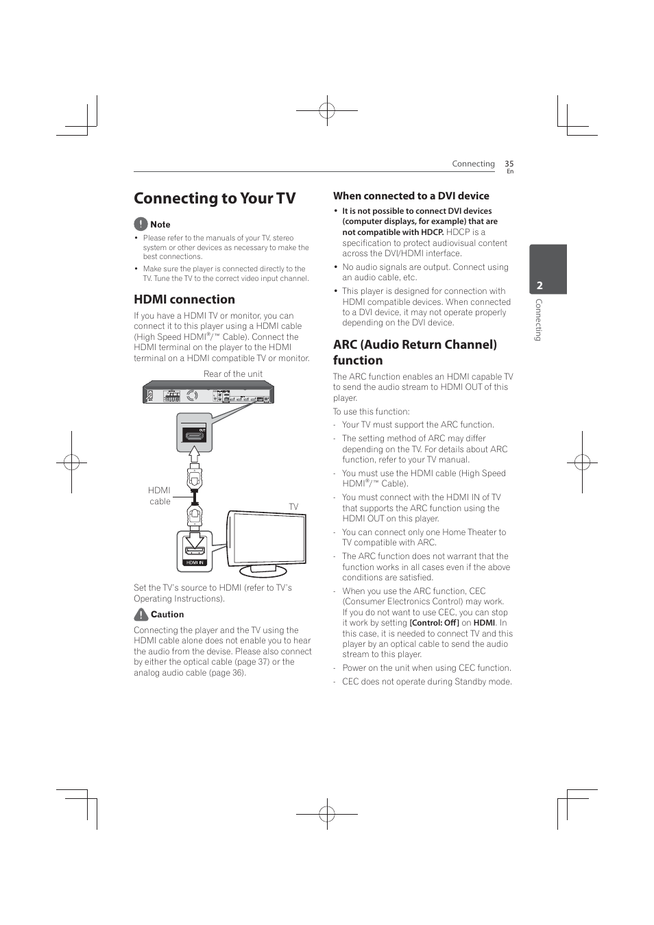 35 connecting, Your, Hdmi | Connection, Arc (audio return channel) function, Connecting to your tv, Hdmi connection, When connected to a dvi device | Pioneer MCS-FS131 User Manual | Page 35 / 576