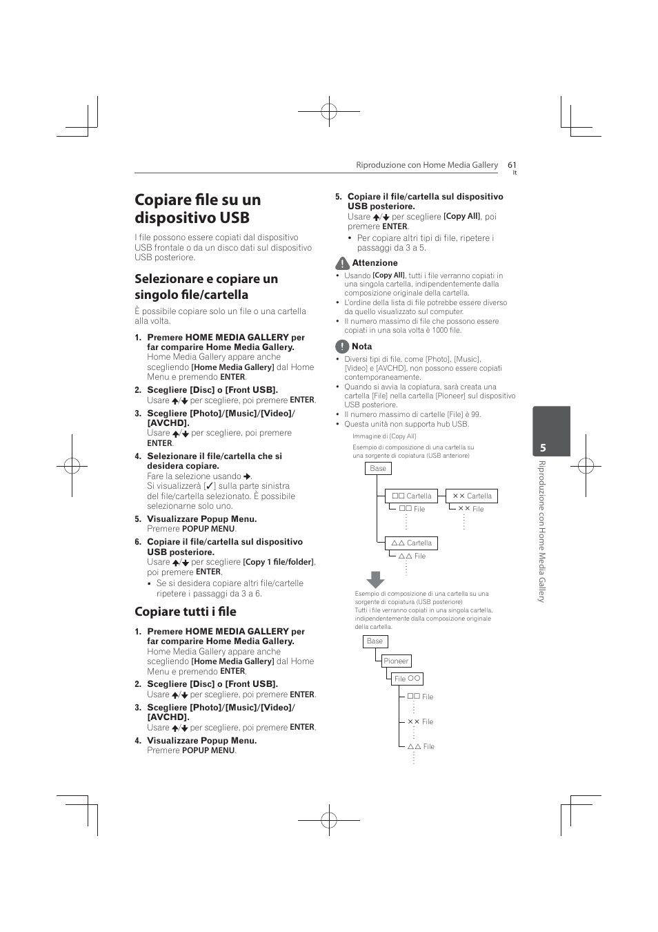 Copiare file su un dispositivo usb, Selezionare e copiare un singolo file/cartella, Copiare tutti i file | Pioneer MCS-FS131 User Manual | Page 351 / 576