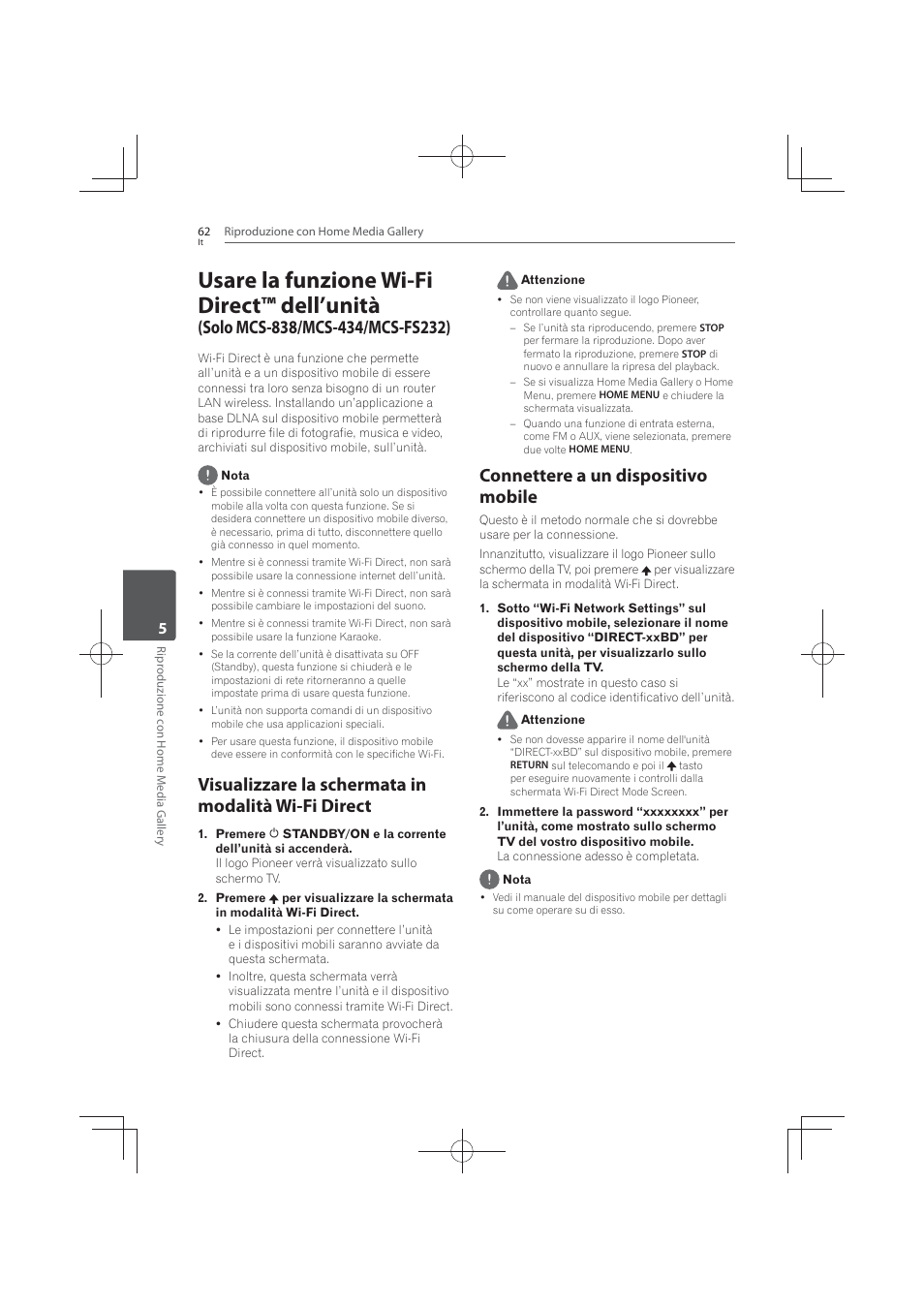 Visualizzare la schermata in modalità wi-fi direct, Connettere a un dispositivo mobile, Usare la funzione wi-fi direct™ dell’unità | Pioneer MCS-FS131 User Manual | Page 352 / 576