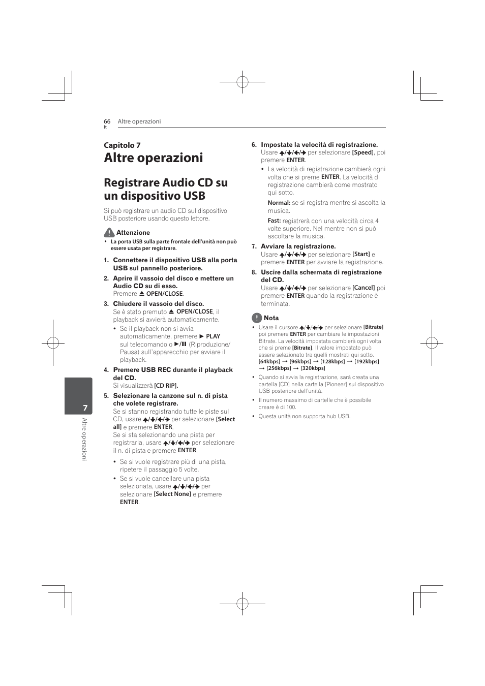 7 altre, Operazioni, Registrare audio cd su un dispositivo usb | Altre operazioni, 7capitolo 7 | Pioneer MCS-FS131 User Manual | Page 356 / 576